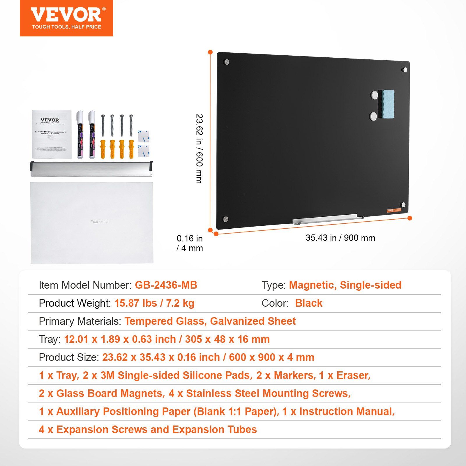 Magnetic Glass Whiteboard, Dry Erase Board 36