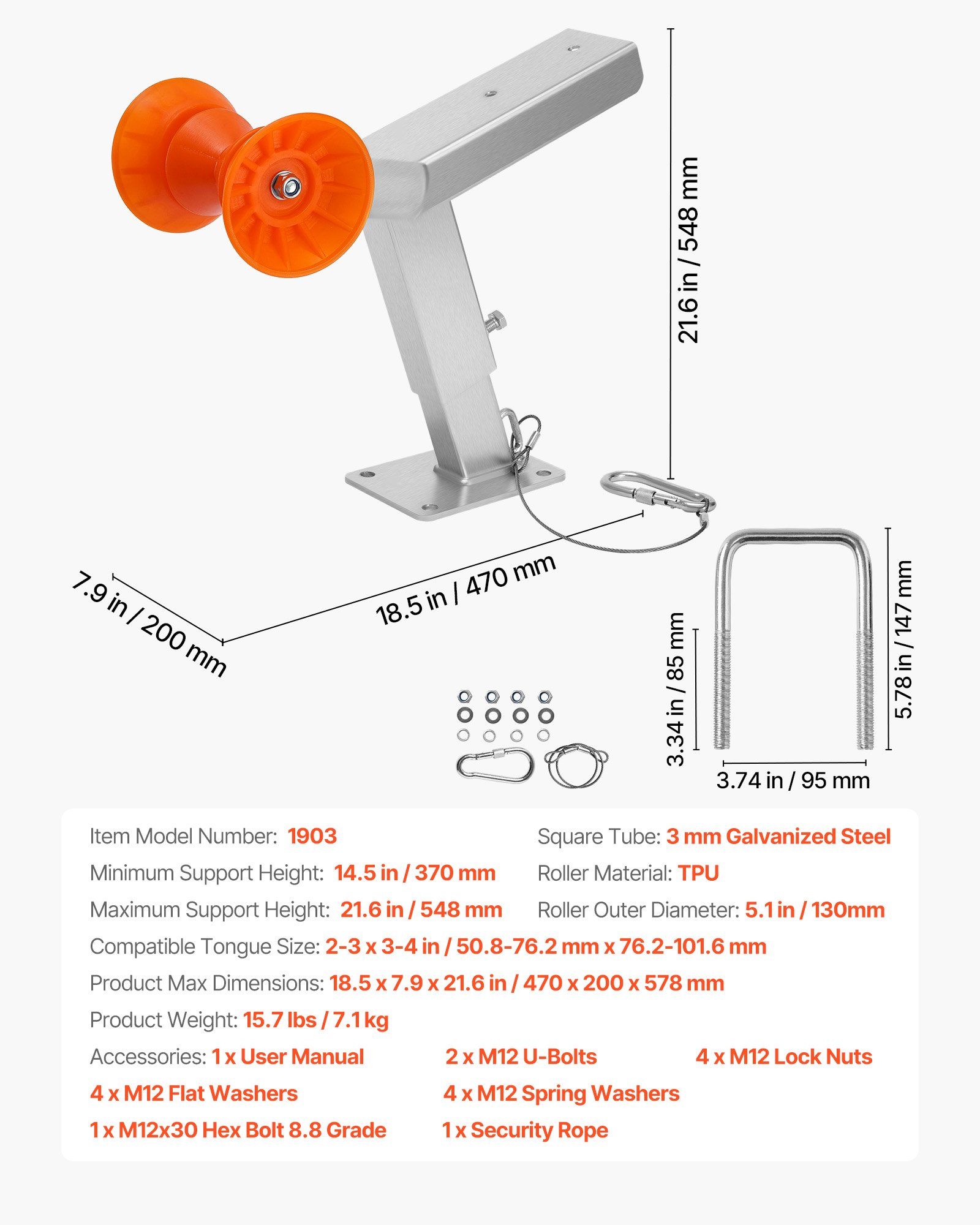 Boat Trailer Winch Stand with Roller, Adjustable Height 365-548 mm, Boat Winch Mount with U-Bolts for 50.8-76.2 mm W x 76.2-101.6 mm H Trailer Tongue, Fit for Jet Ski, Sailboat, Speedboat - Image 7