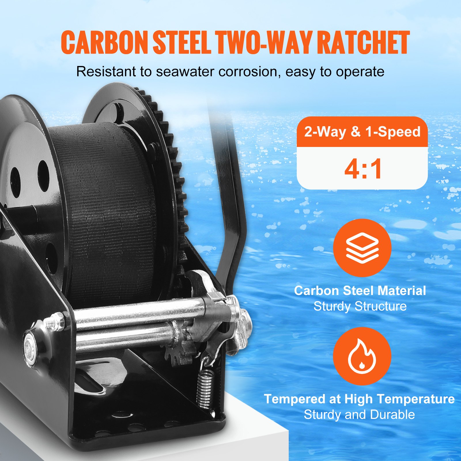 Hand Winch, 725.7 kg Pulling Capacity, Boat Trailer Winch Heavy Duty Rope Crank with 10 m Polyester Strap and Two-Way Ratchet, Manual Operated Hand Crank Winch for Trailer, Boat or ATV Towing - Image 3