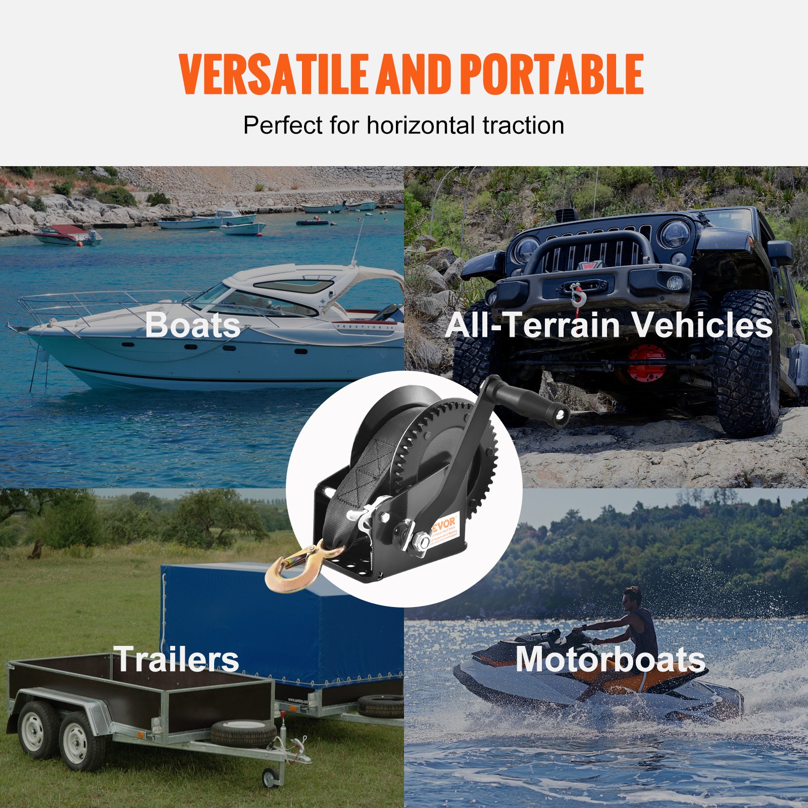 Hand Winch, 725.7 kg Pulling Capacity, Boat Trailer Winch Heavy Duty Rope Crank with 10 m Polyester Strap and Two-Way Ratchet, Manual Operated Hand Crank Winch for Trailer, Boat or ATV Towing - Image 6
