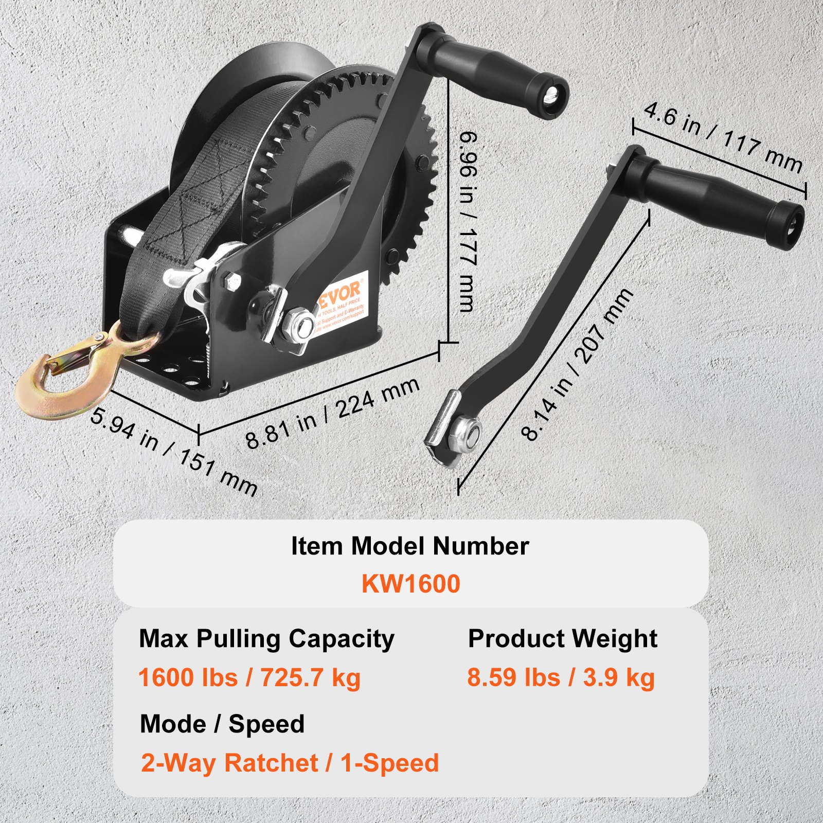 Hand Winch, 725.7 kg Pulling Capacity, Boat Trailer Winch Heavy Duty Rope Crank with 10 m Polyester Strap and Two-Way Ratchet, Manual Operated Hand Crank Winch for Trailer, Boat or ATV Towing - Image 7