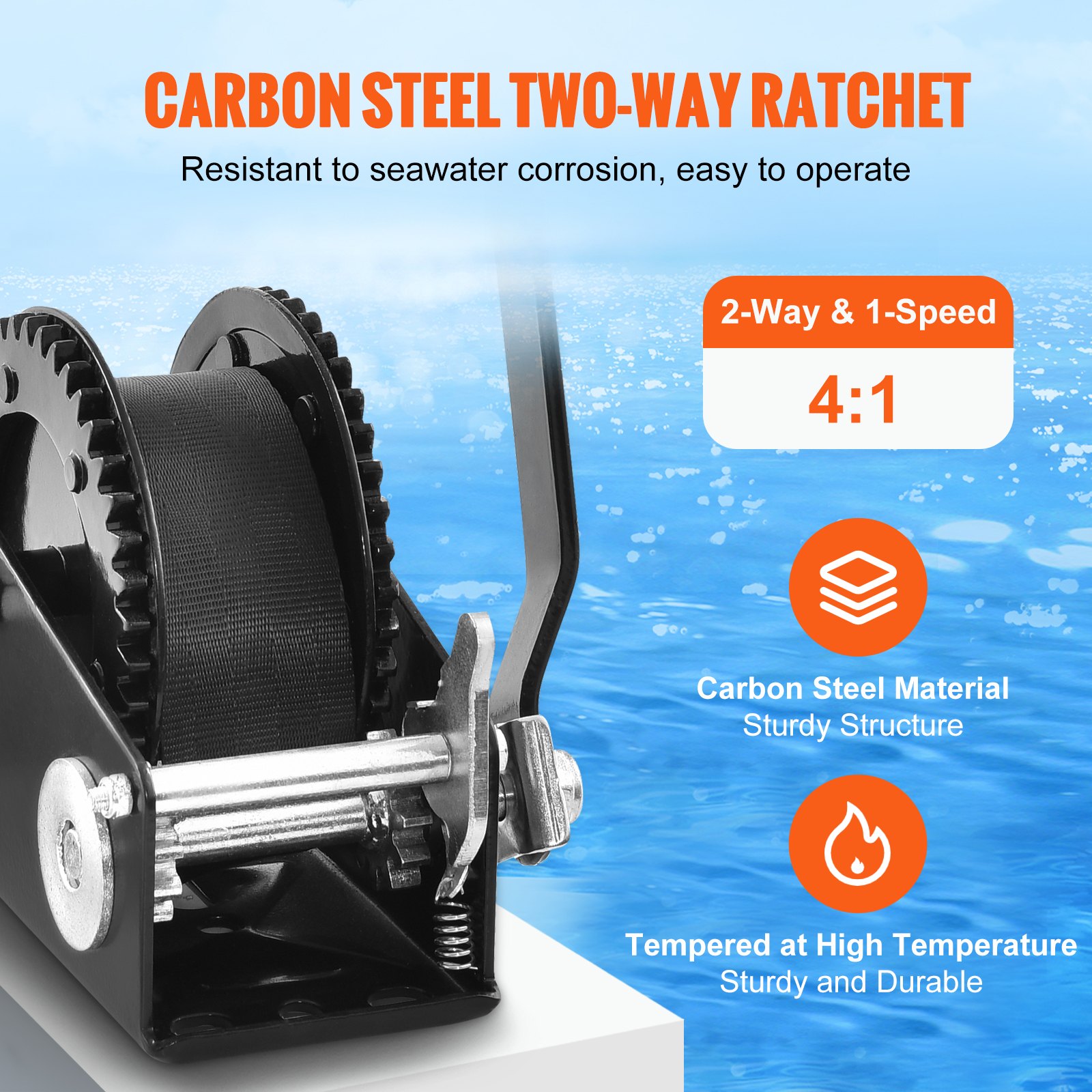 Hand Winch, 907.1 kg Pulling Capacity, Boat Trailer Winch Heavy Duty Rope Crank with 7 m Polyester Strap and Two-Way Ratchet, Manual Operated Hand Crank Winch for Trailer, Boat or ATV Towing - Image 3