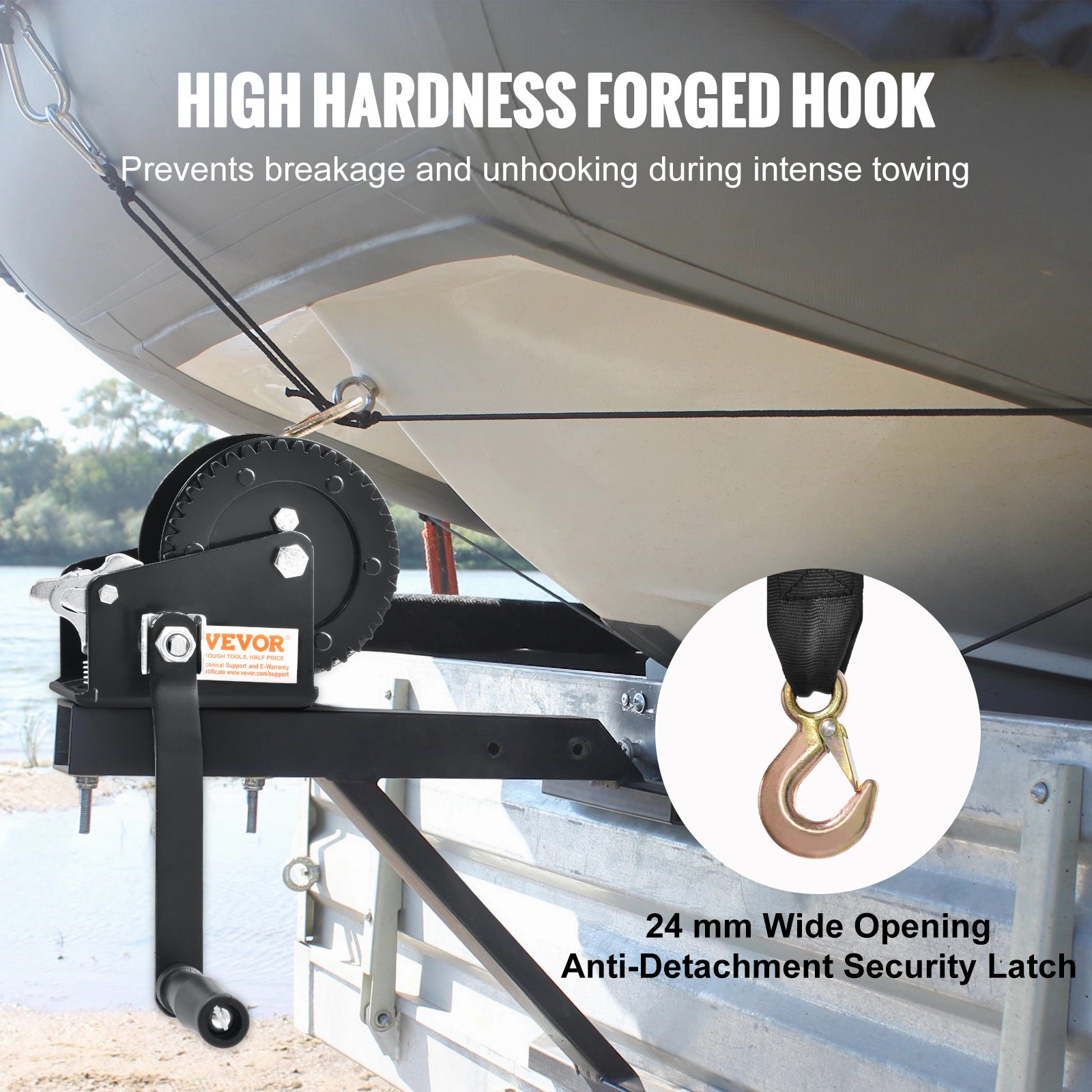 Hand Winch, 907.1 kg Pulling Capacity, Boat Trailer Winch Heavy Duty Rope Crank with 7 m Polyester Strap and Two-Way Ratchet, Manual Operated Hand Crank Winch for Trailer, Boat or ATV Towing - Image 4