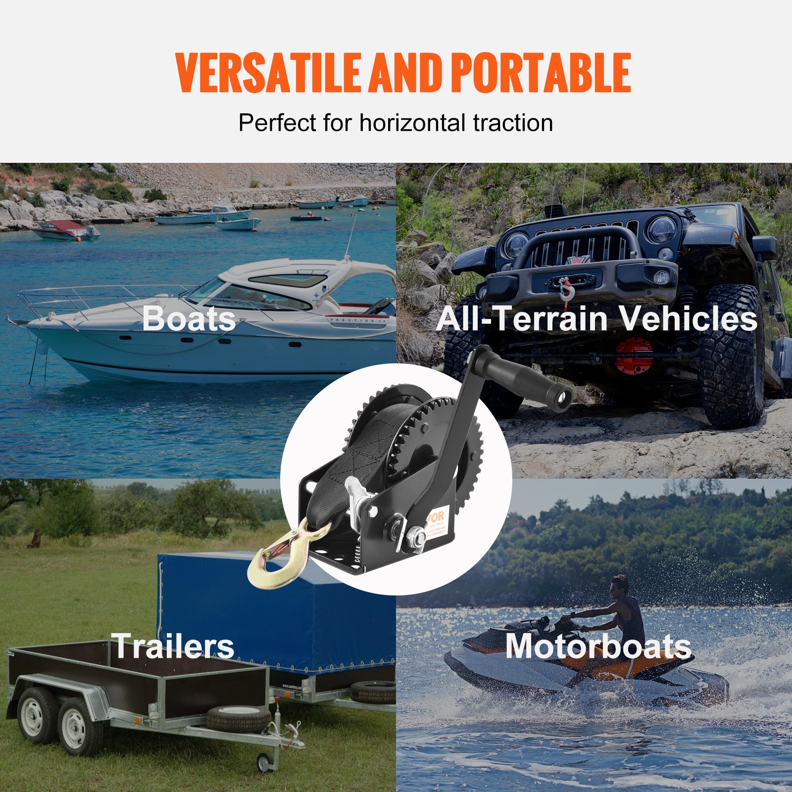 Hand Winch, 907.1 kg Pulling Capacity, Boat Trailer Winch Heavy Duty Rope Crank with 7 m Polyester Strap and Two-Way Ratchet, Manual Operated Hand Crank Winch for Trailer, Boat or ATV Towing - Image 6