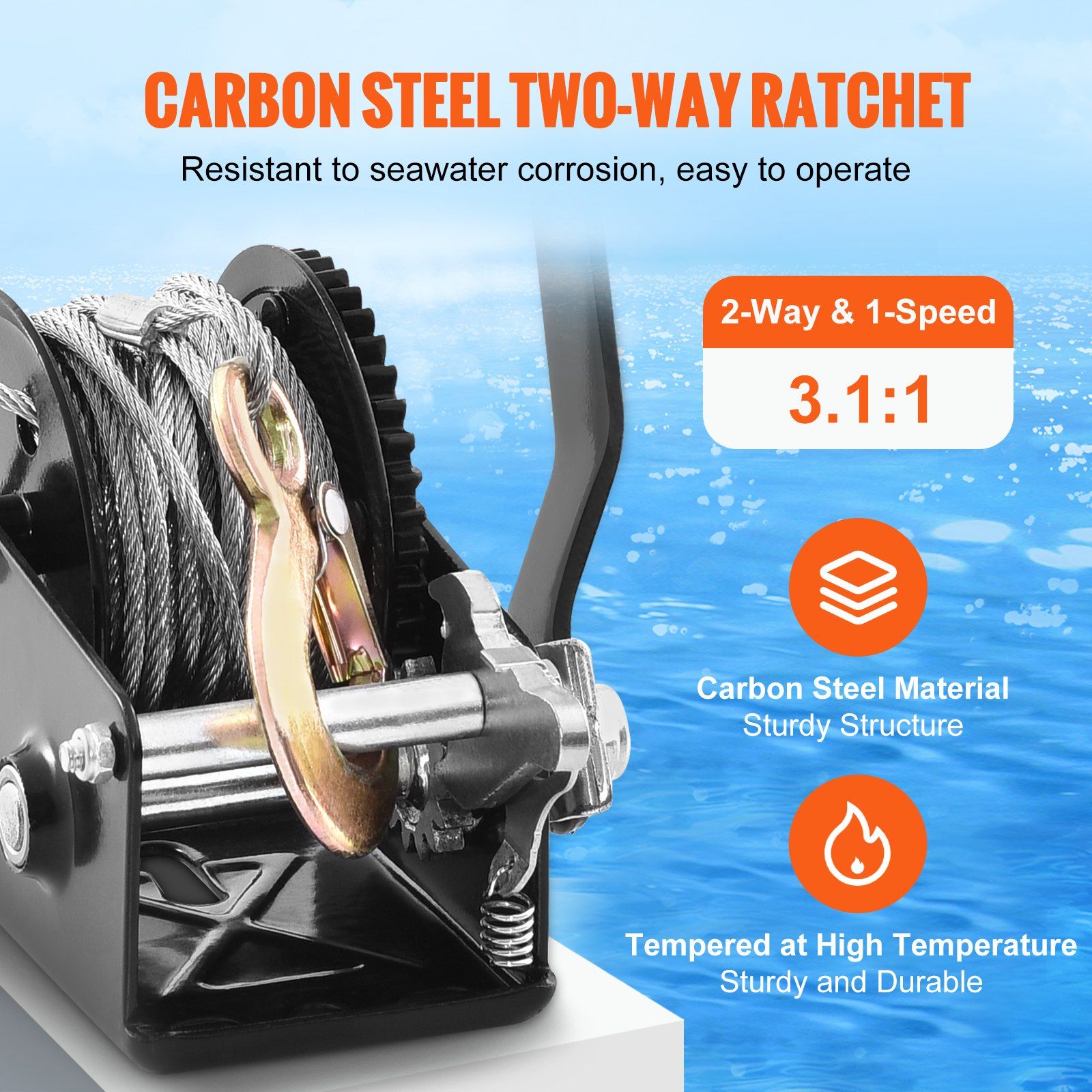 Hand Winch, 362.8 kg Pulling Capacity, Boat Trailer Winch Heavy Duty Rope Crank with 10 m Steel Wire Cable and Two-Way Ratchet, Manual Operated Hand Crank Winch for Trailer, Boat or ATV Towing - Image 3