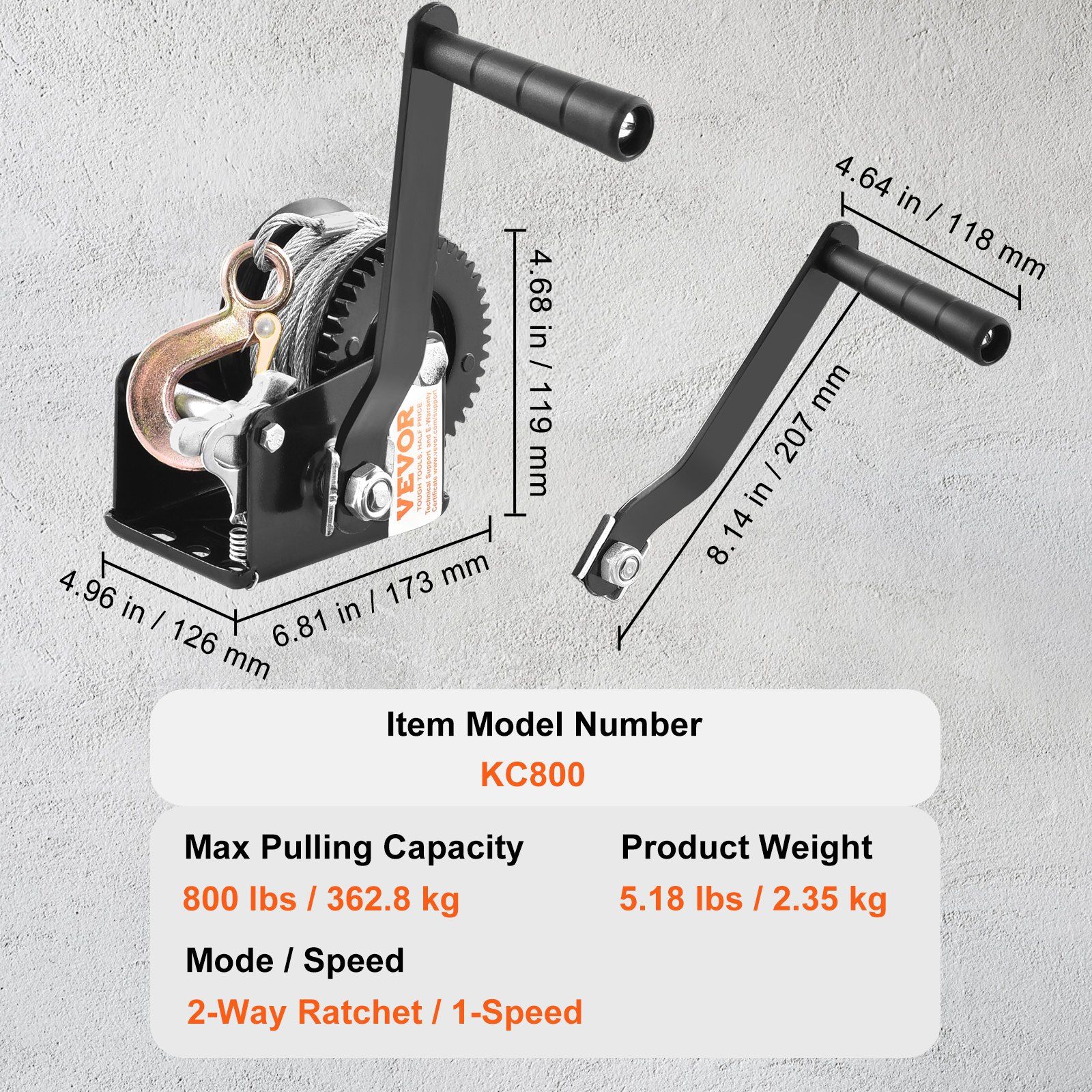 Hand Winch, 362.8 kg Pulling Capacity, Boat Trailer Winch Heavy Duty Rope Crank with 10 m Steel Wire Cable and Two-Way Ratchet, Manual Operated Hand Crank Winch for Trailer, Boat or ATV Towing - Image 7
