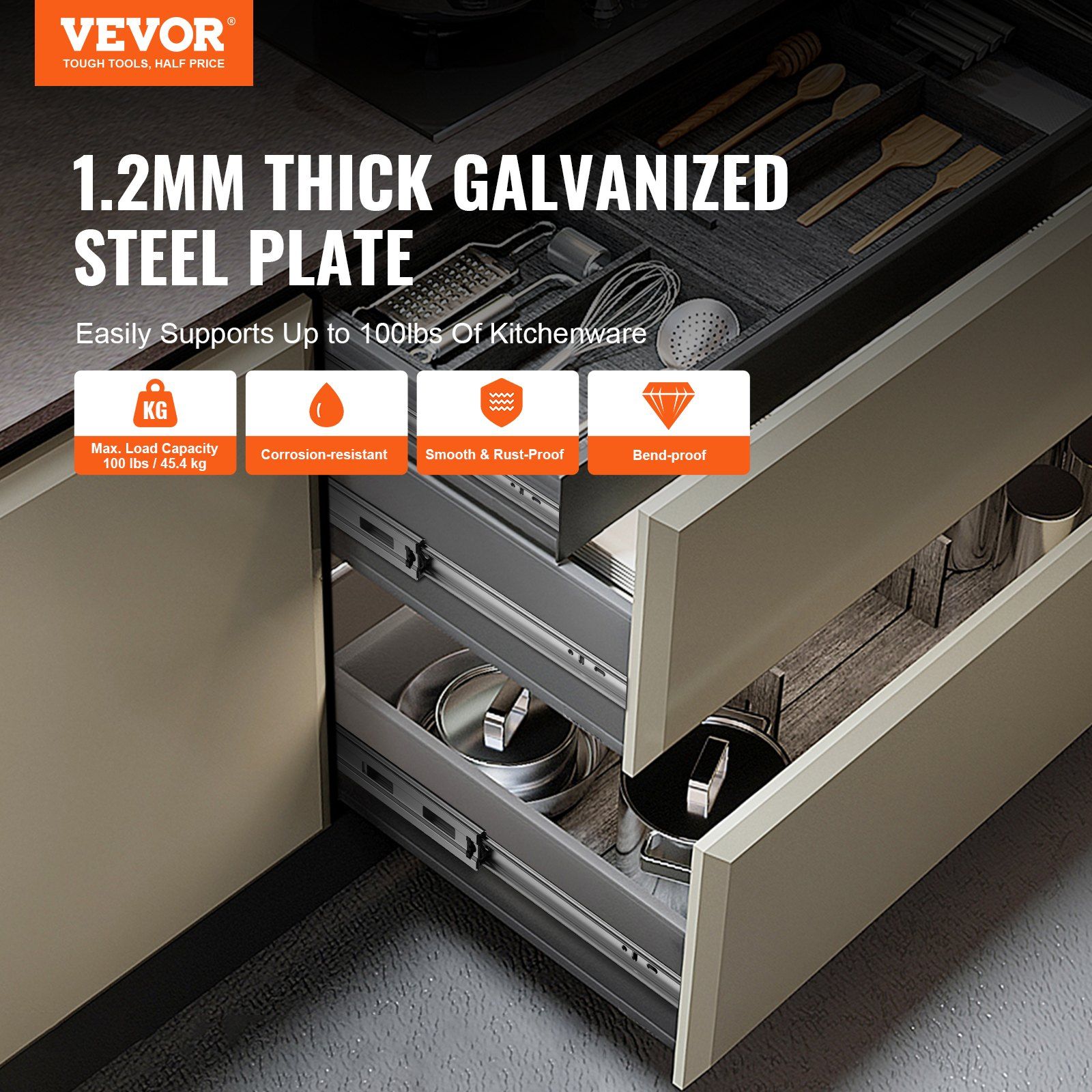 6 Pairs of 609.6mm Drawer Slides Side Mount Rails, Heavy Duty Full Extension Steel Track, Soft-Close Noiseless Guide Glides Cabinet Kitchen Runners with Ball Bearing, 100 Lbs Load Capacity - Image 2