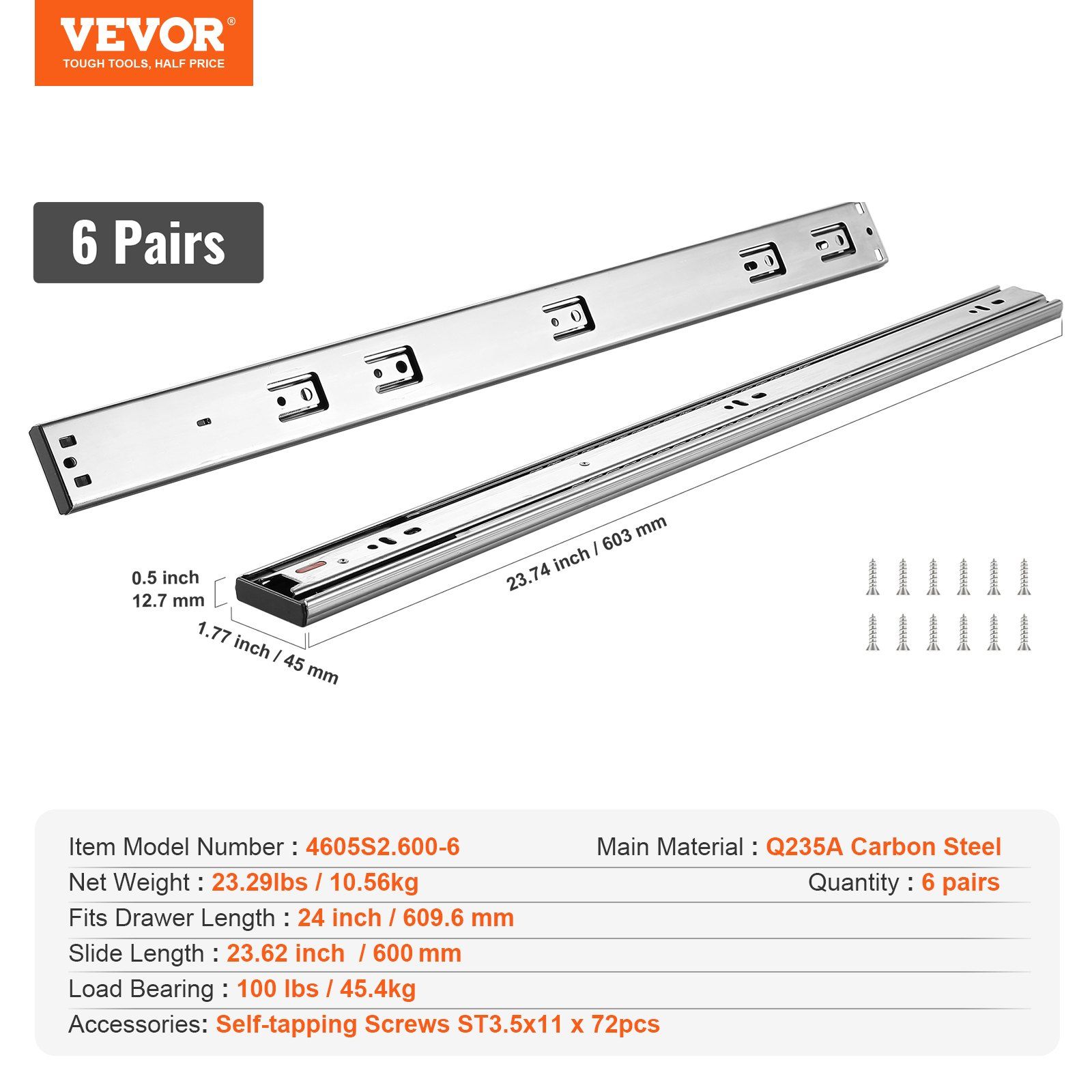 6 Pairs of 609.6mm Drawer Slides Side Mount Rails, Heavy Duty Full Extension Steel Track, Soft-Close Noiseless Guide Glides Cabinet Kitchen Runners with Ball Bearing, 100 Lbs Load Capacity - Image 7