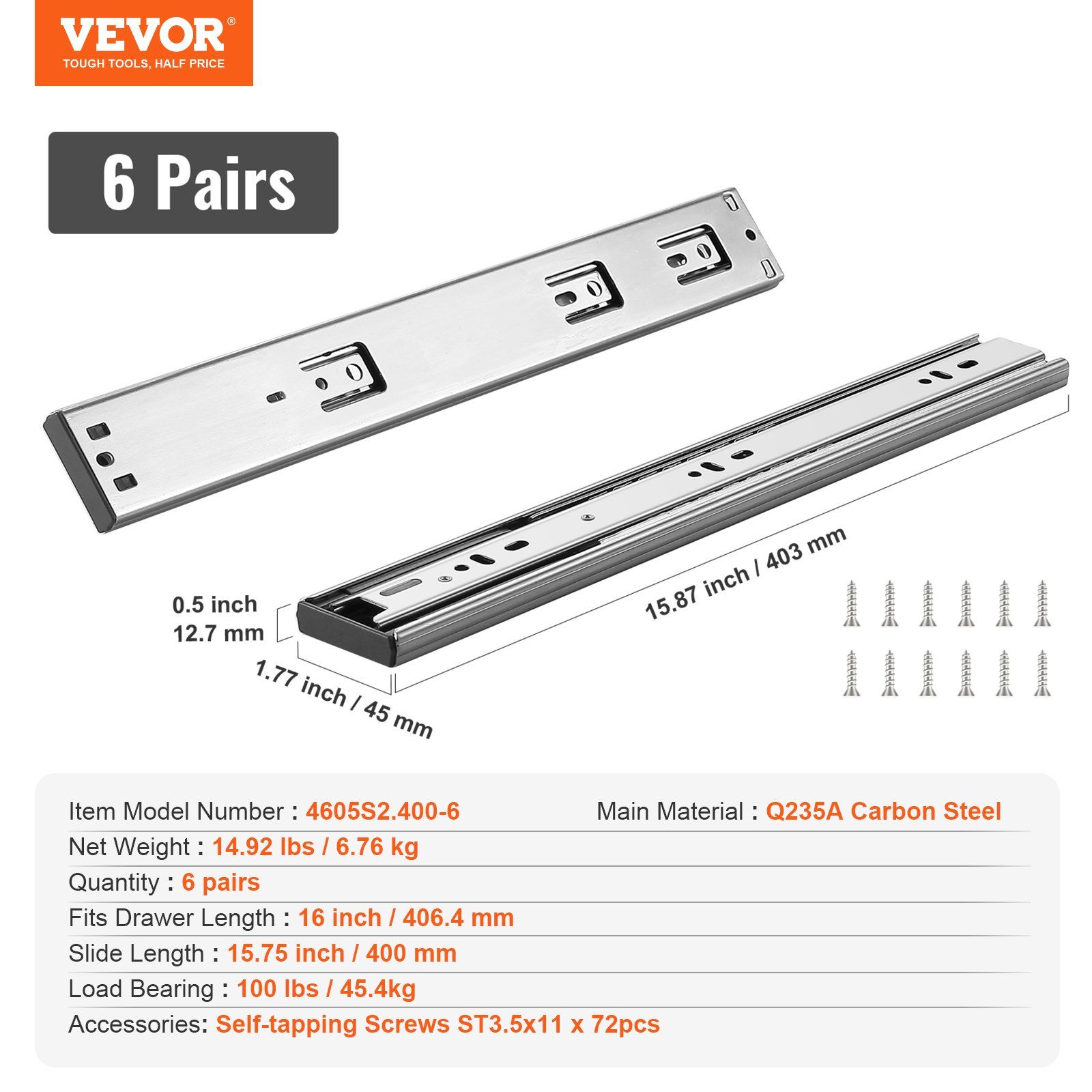 6 Pairs of 406.4mm Drawer Slides Side Mount Rails, Heavy Duty Full Extension Steel Track, Soft-Close Noiseless Guide Glides Cabinet Kitchen Runners with Ball Bearing, 100 Lbs Load Capacity - Image 7