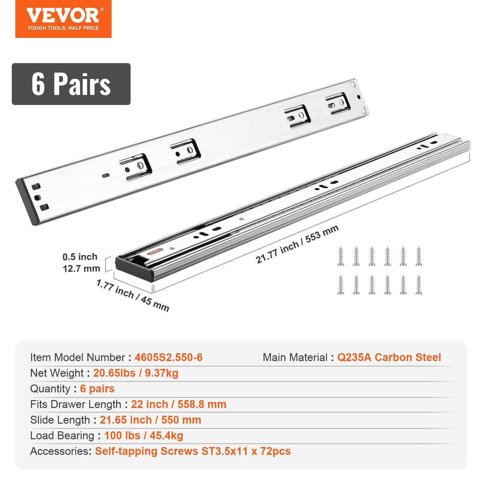 6 Pairs of 558.8mm Drawer Slides Side Mount Rails, Heavy Duty Full Extension Steel Track, Soft-Close Noiseless Guide Glides Cabinet Kitchen Runners with Ball Bearing, 100 Lbs Load Capacity - Image 7