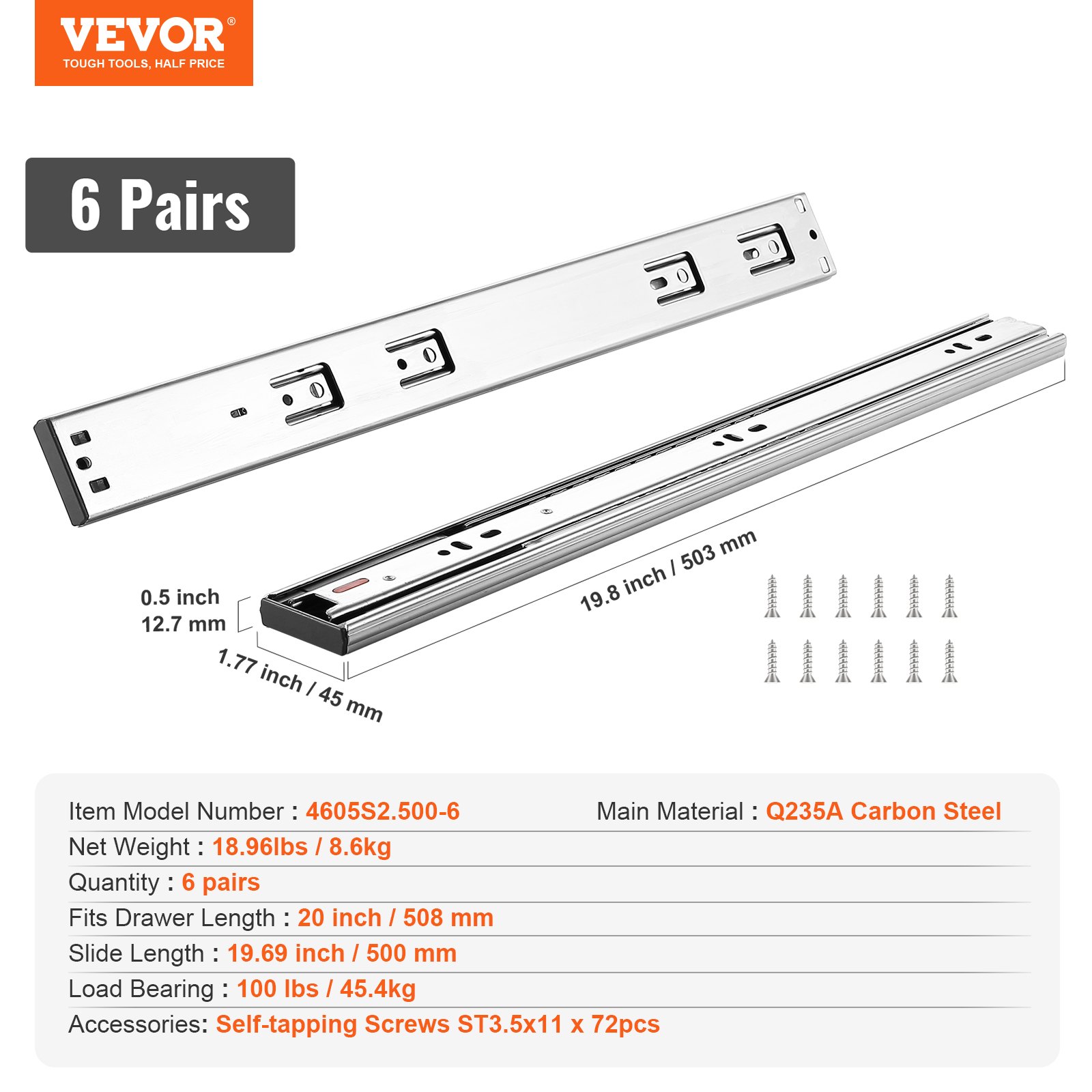 6 Pairs of 508mm Drawer Slides Side Mount Rails, Heavy Duty Full Extension Steel Track, Soft-Close Noiseless Guide Glides Cabinet Kitchen Runners with Ball Bearing, 100 Lbs Load Capacity - Image 7