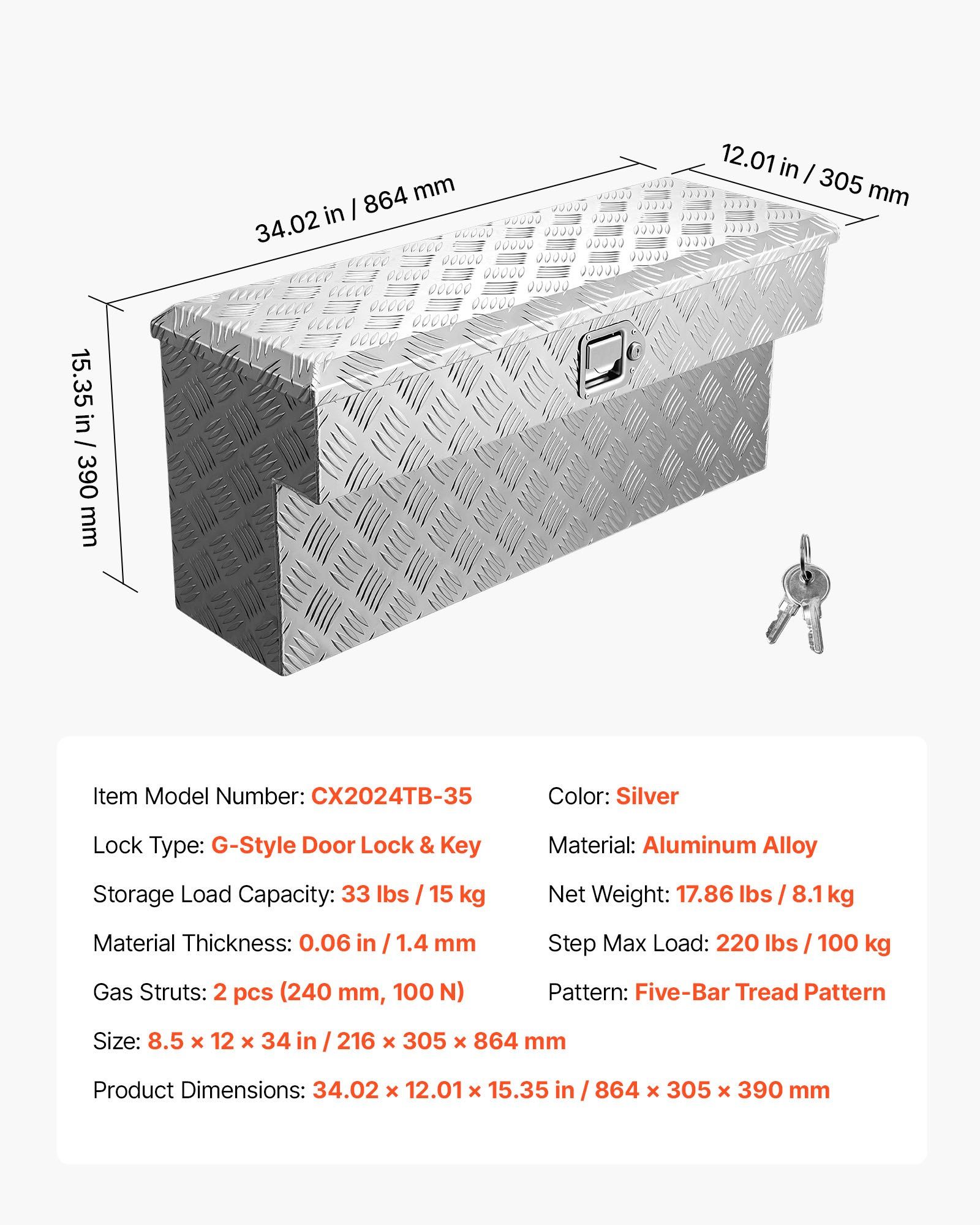Truck Bed Tool Box, Heavy Duty Aluminum Tool Box with Tread Patterns, Storage Toolbox Chest Organizer with Lock and Key, Ideal for Pickup, Truck Bed, RV, Trailer, 864 x 305 x 390 mm, Silver - Image 7