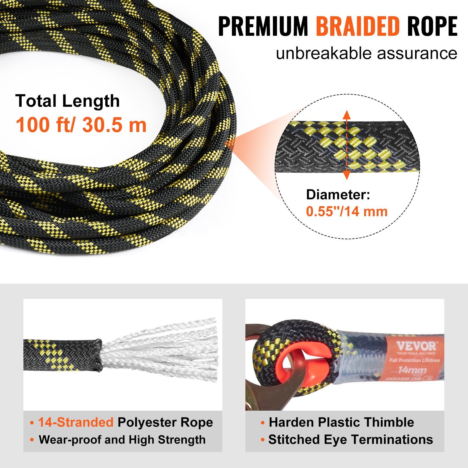 Vertical Lifeline Assembly 0.55'' x 100' Fall Protection Rope 30 KN ANSI - Image 3
