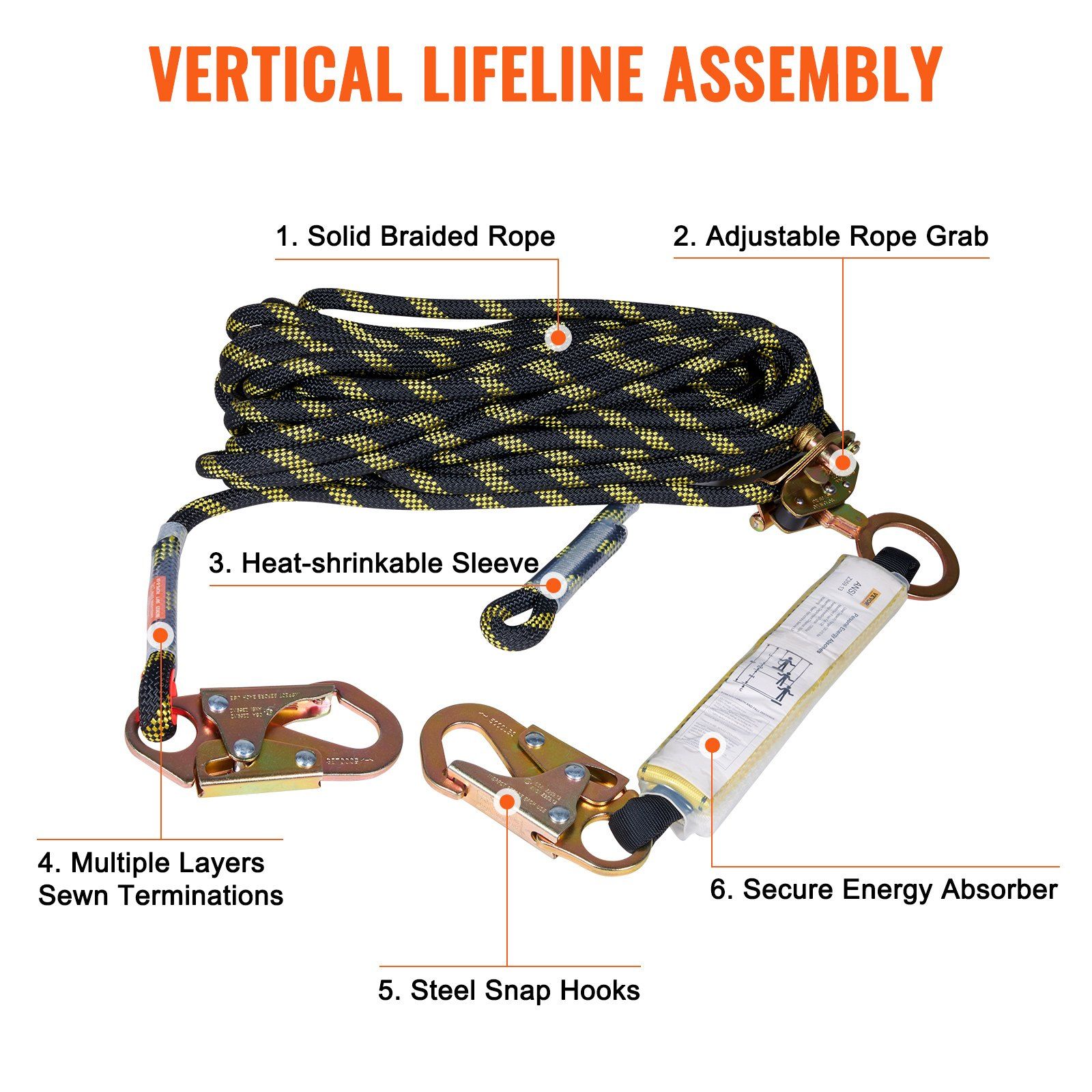 Vertical Lifeline Assembly 0.55'' x 100' Fall Protection Rope 30 KN ANSI - Image 6