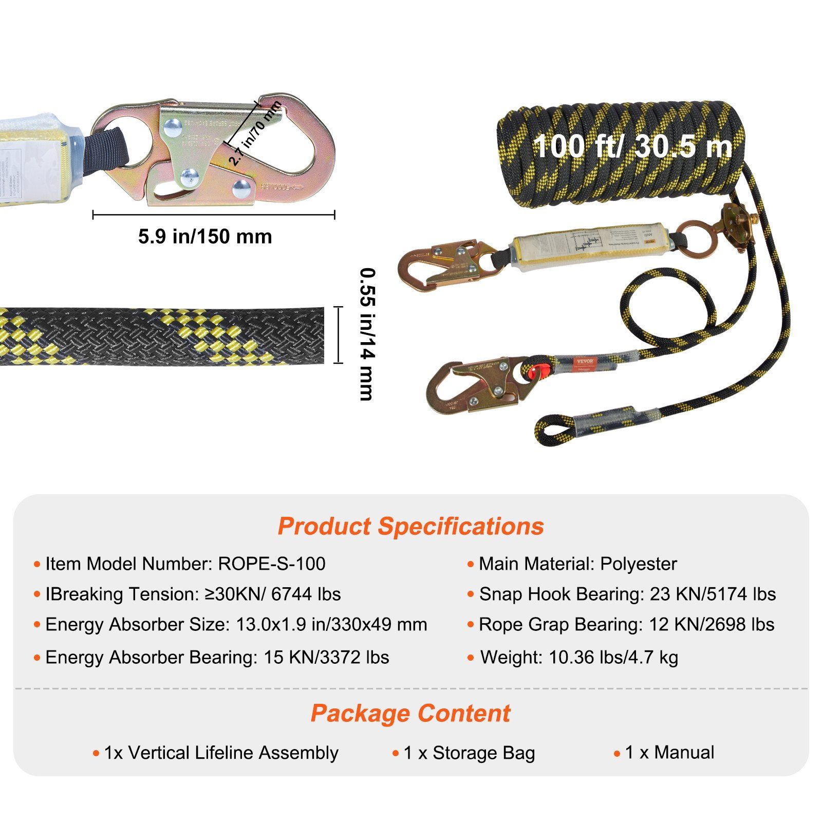Vertical Lifeline Assembly 0.55'' x 100' Fall Protection Rope 30 KN ANSI - Image 7