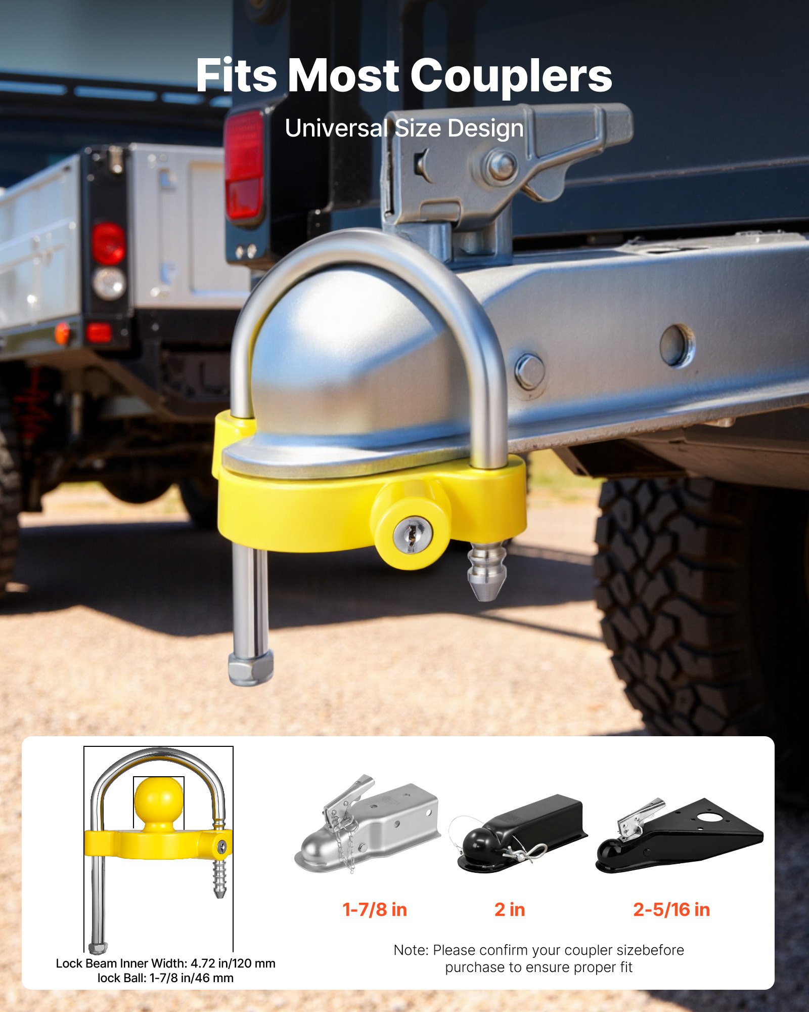 Trailer Hitch Lock Kit, Fits for 46 mm, 50.8 mm, 58.7 mm Couplers, Heavy-Duty Anti-Theft Trailer Ball Lock with Keys, Prying-Resistant, Adjustable Height Design for RVs, Boats, Trailers - Image 2