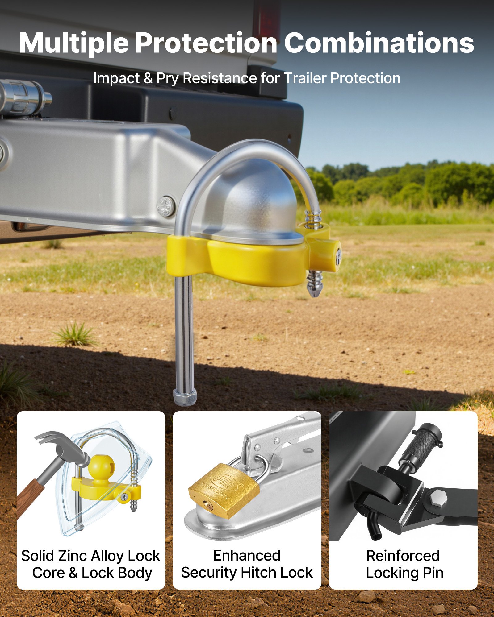 Trailer Hitch Lock Kit, Fits for 46 mm, 50.8 mm, 58.7 mm Couplers, Heavy-Duty Anti-Theft Trailer Ball Lock with Keys, Prying-Resistant, Adjustable Height Design for RVs, Boats, Trailers - Image 3