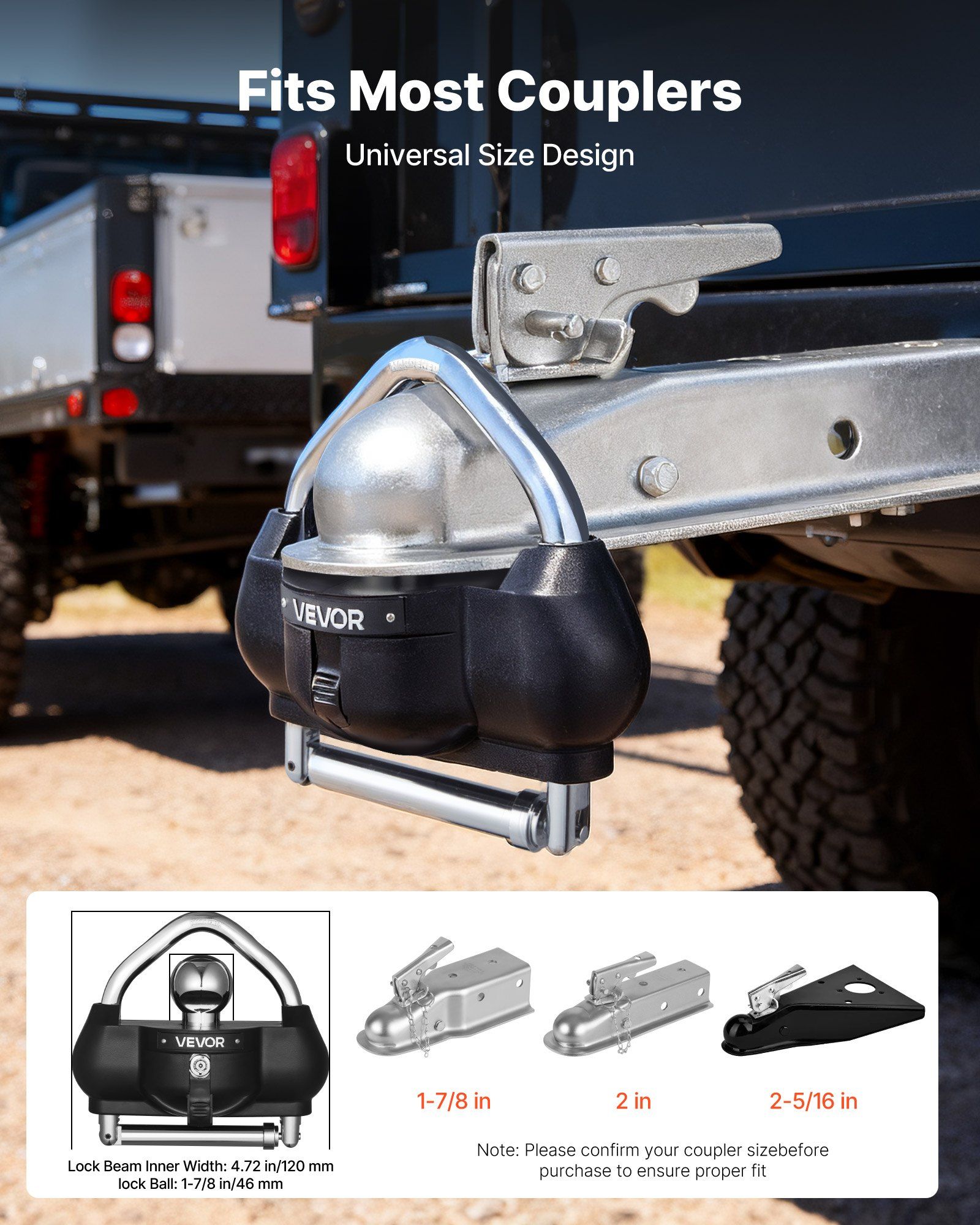 Trailer Hitch Lock, Fits for 46 mm, 50.8 mm, 58.7 mm Couplers, Heavy-Duty Anti-Theft Trailer Ball Lock with 3 Keys, Prying-Resistant, Adjustable Height Design for RVs, Boats, Trailers, Black - Image 2