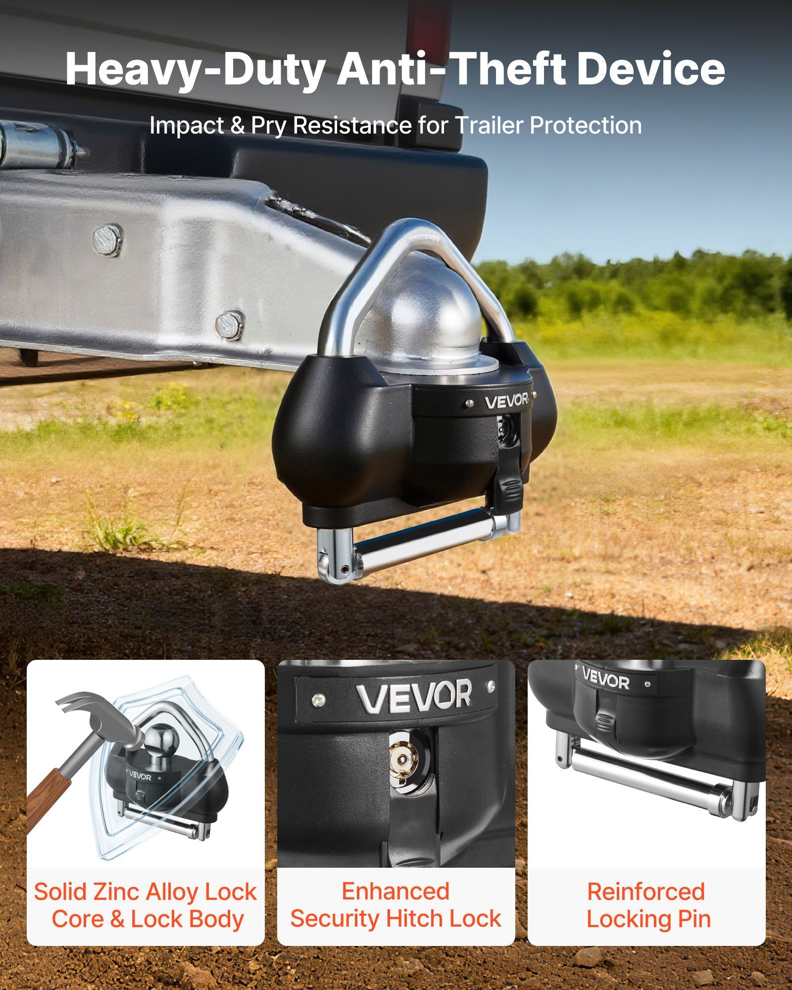 Trailer Hitch Lock, Fits for 46 mm, 50.8 mm, 58.7 mm Couplers, Heavy-Duty Anti-Theft Trailer Ball Lock with 3 Keys, Prying-Resistant, Adjustable Height Design for RVs, Boats, Trailers, Black - Image 3