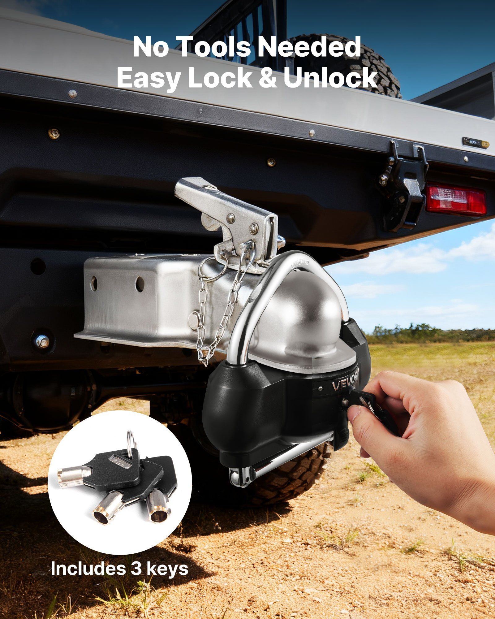 Trailer Hitch Lock, Fits for 46 mm, 50.8 mm, 58.7 mm Couplers, Heavy-Duty Anti-Theft Trailer Ball Lock with 3 Keys, Prying-Resistant, Adjustable Height Design for RVs, Boats, Trailers, Black - Image 5