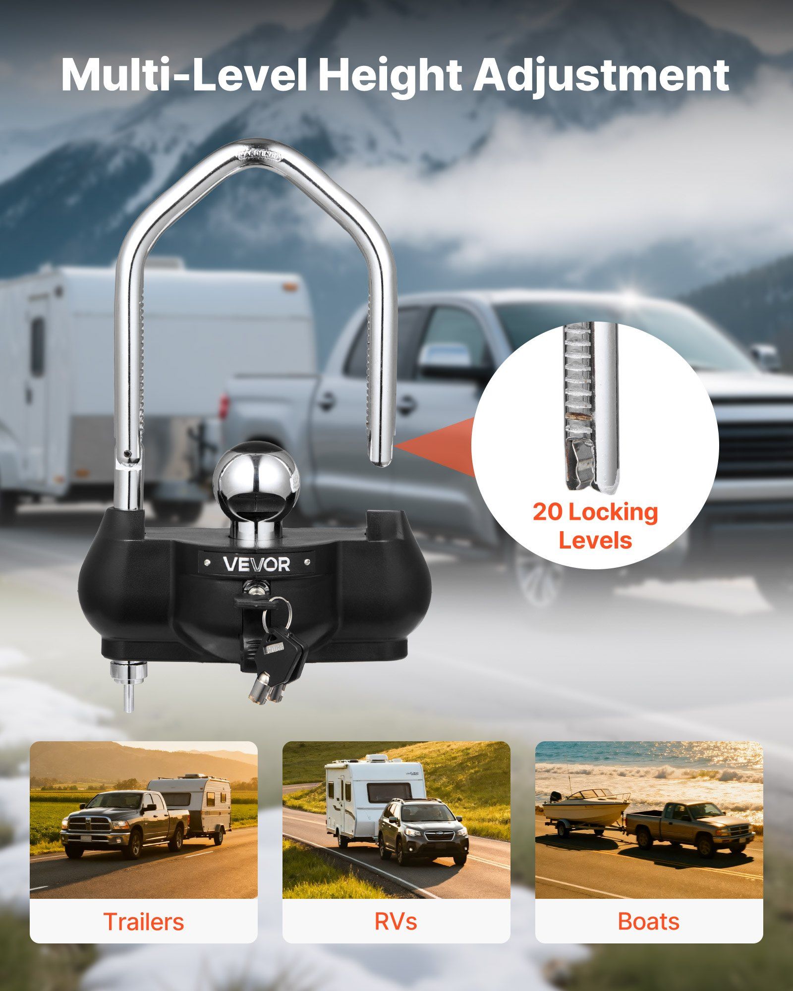 Trailer Hitch Lock, Fits for 46 mm, 50.8 mm, 58.7 mm Couplers, Heavy-Duty Anti-Theft Trailer Ball Lock with 3 Keys, Prying-Resistant, Adjustable Height Design for RVs, Boats, Trailers, Black - Image 6
