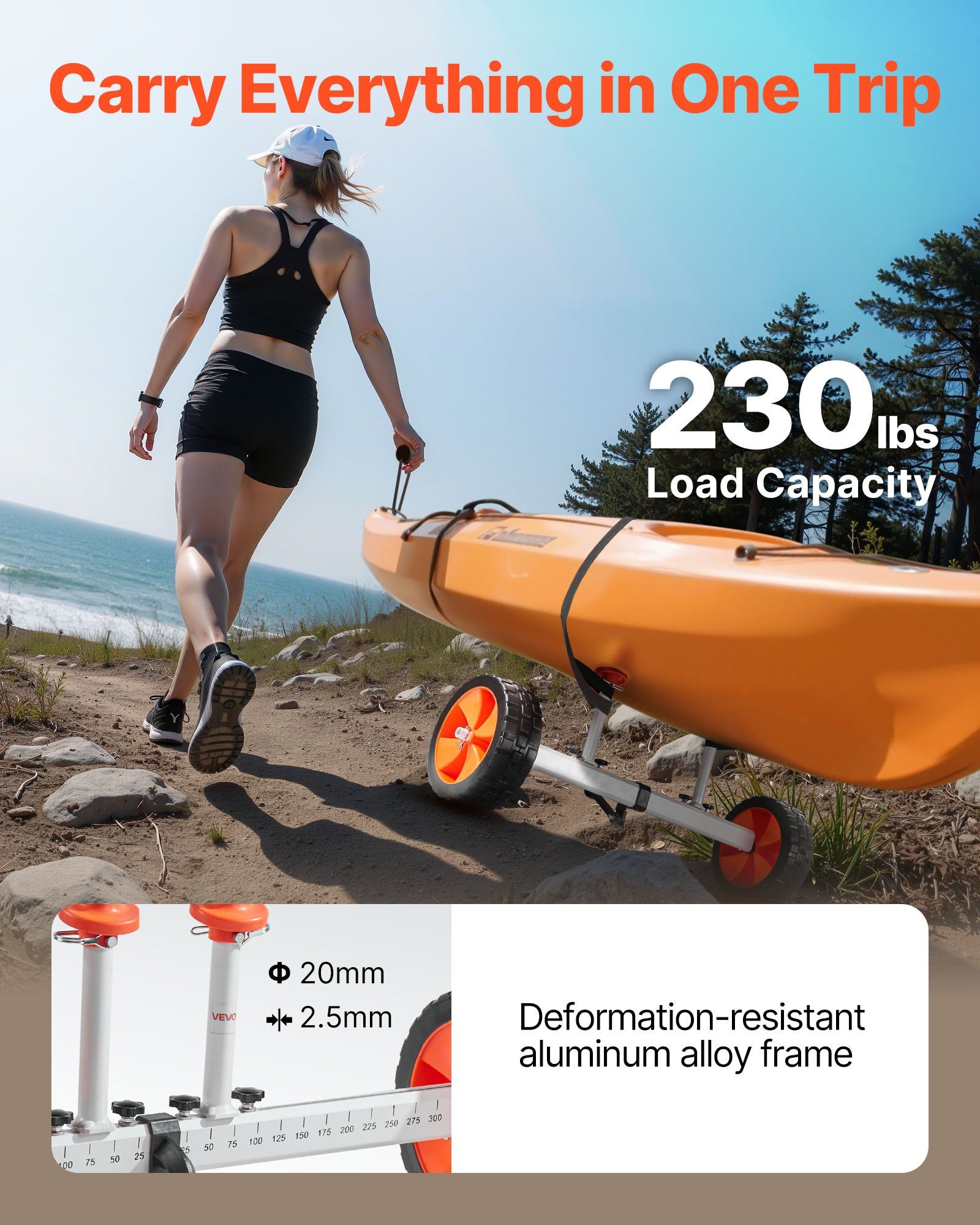 Kayak Cart, 104 kg Load Capacity, Canoe Cart Dolly with 25.4 cm Solid PU Tires & Kickstand, Assembles & Disassembles Within Seconds, Paddle Board Trolley for Kayaks, Canoes, Paddleboards - Image 2