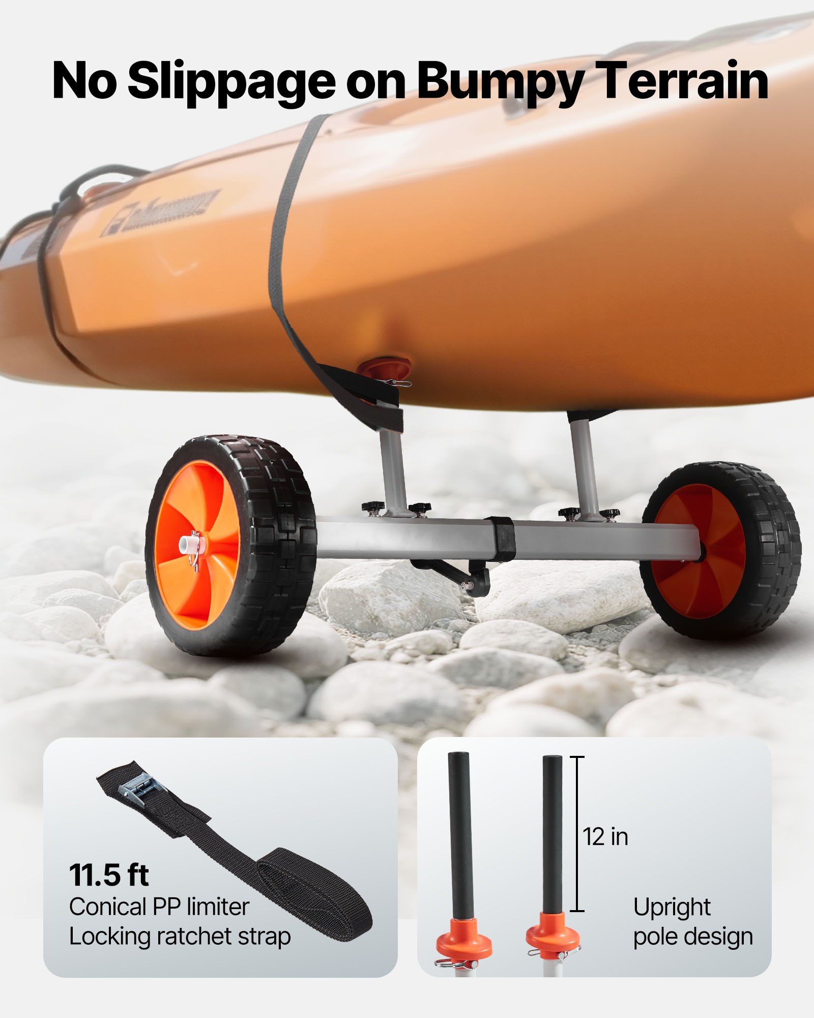 Kayak Cart, 104 kg Load Capacity, Canoe Cart Dolly with 25.4 cm Solid PU Tires & Kickstand, Assembles & Disassembles Within Seconds, Paddle Board Trolley for Kayaks, Canoes, Paddleboards - Image 4