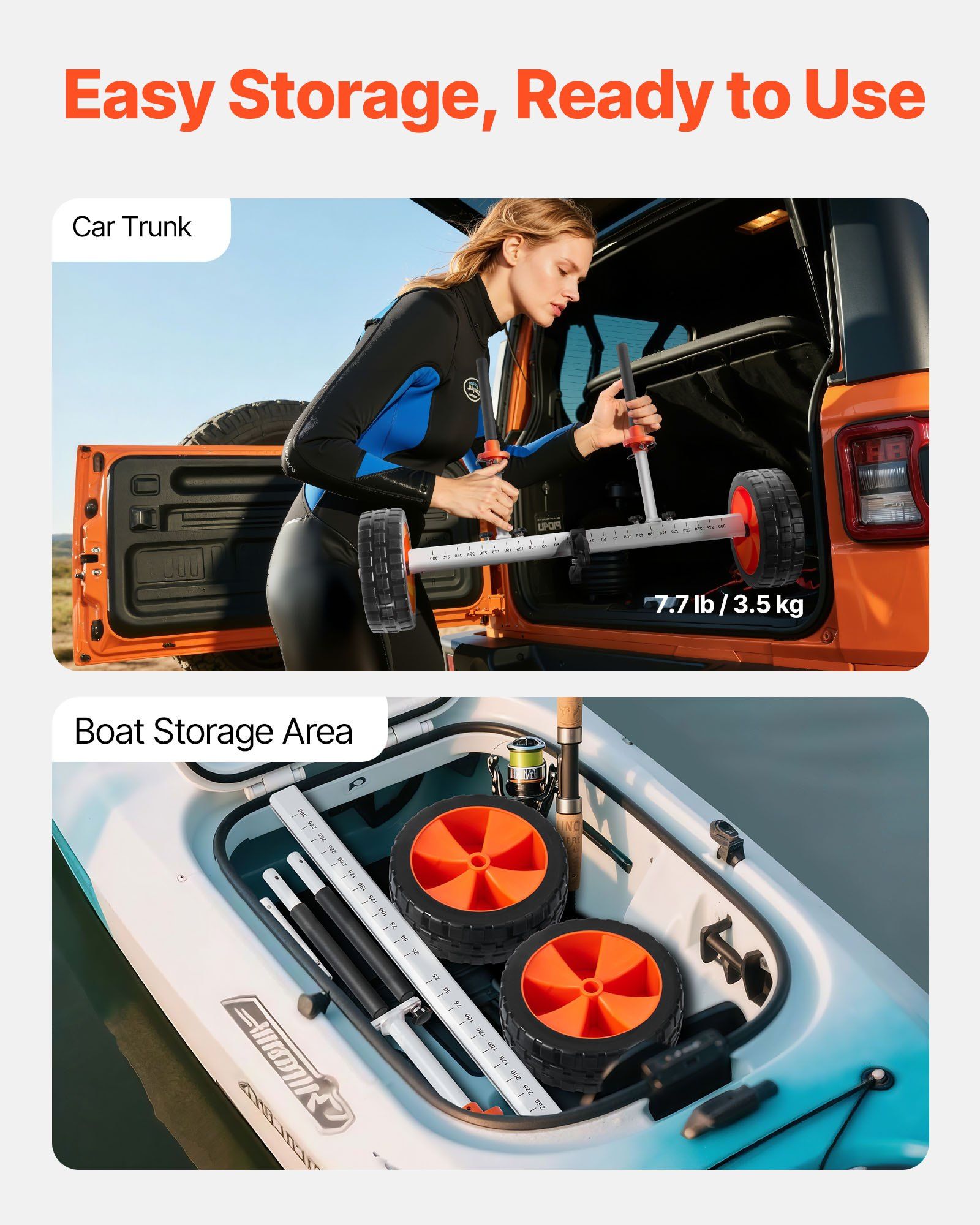 Kayak Cart, 104 kg Load Capacity, Canoe Cart Dolly with 25.4 cm Solid PU Tires & Kickstand, Assembles & Disassembles Within Seconds, Paddle Board Trolley for Kayaks, Canoes, Paddleboards - Image 6
