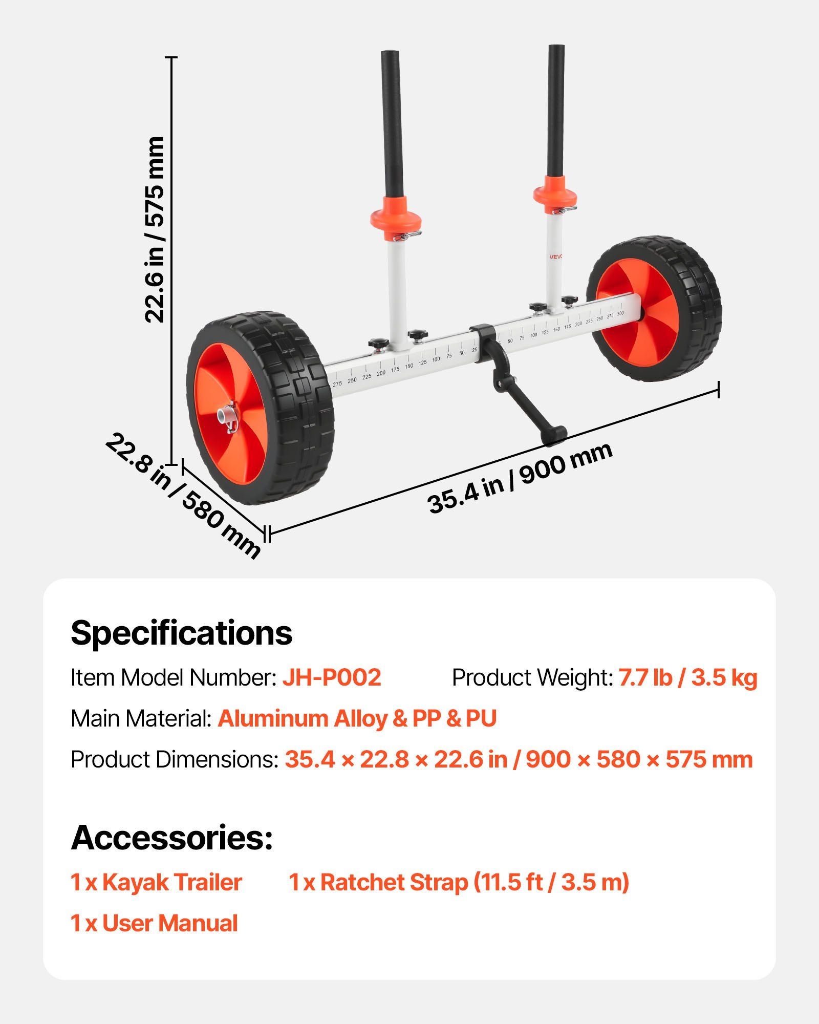 Kayak Cart, 104 kg Load Capacity, Canoe Cart Dolly with 25.4 cm Solid PU Tires & Kickstand, Assembles & Disassembles Within Seconds, Paddle Board Trolley for Kayaks, Canoes, Paddleboards - Image 7