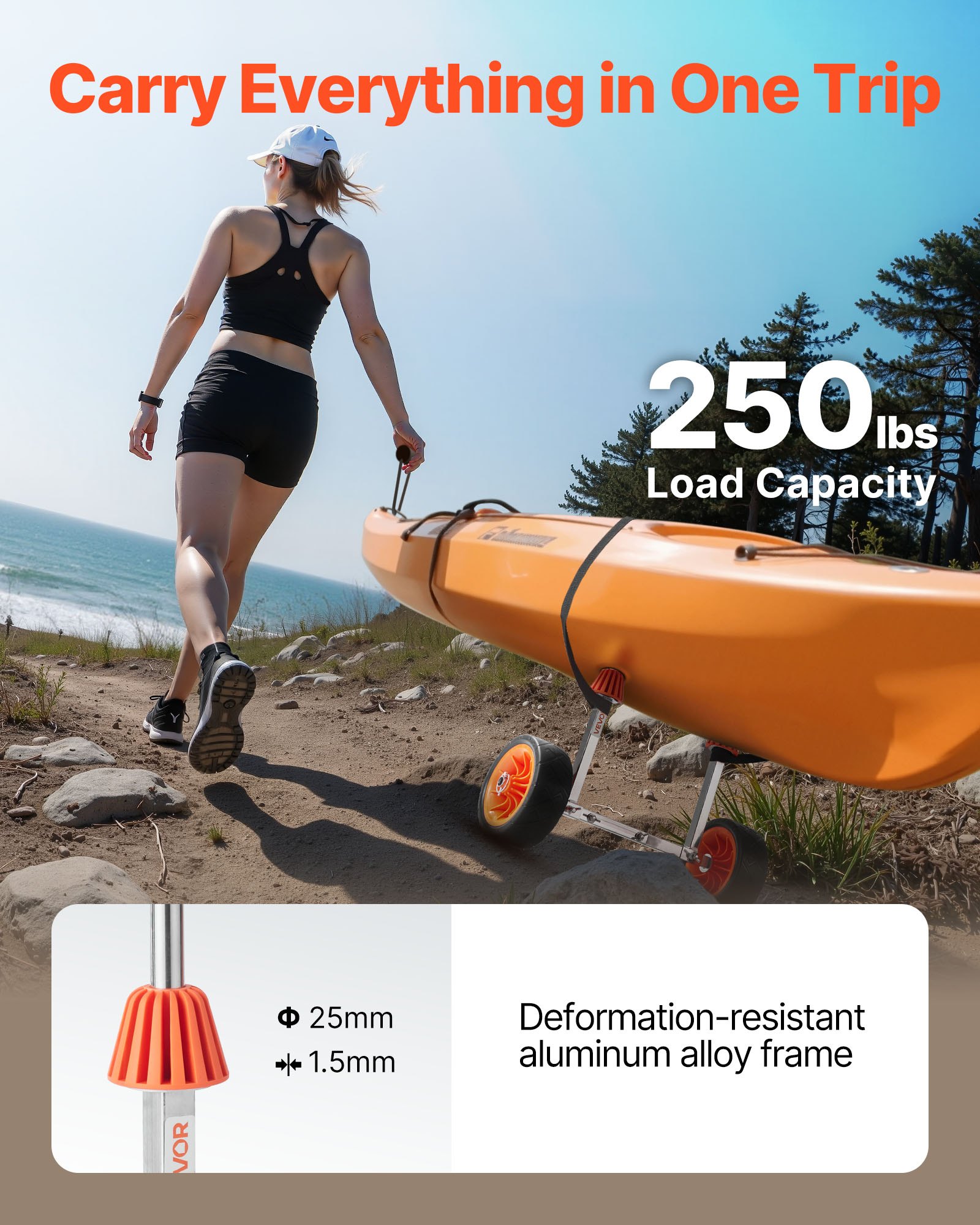 Kayak Cart, 113.4 kg Load Capacity, Canoe Cart Dolly with 19.1 cm Solid Rubber Tires & Kickstand, Assembles & Disassembles Within Seconds, Paddle Board Trolley for Kayaks, Canoes, Paddleboards - Image 2