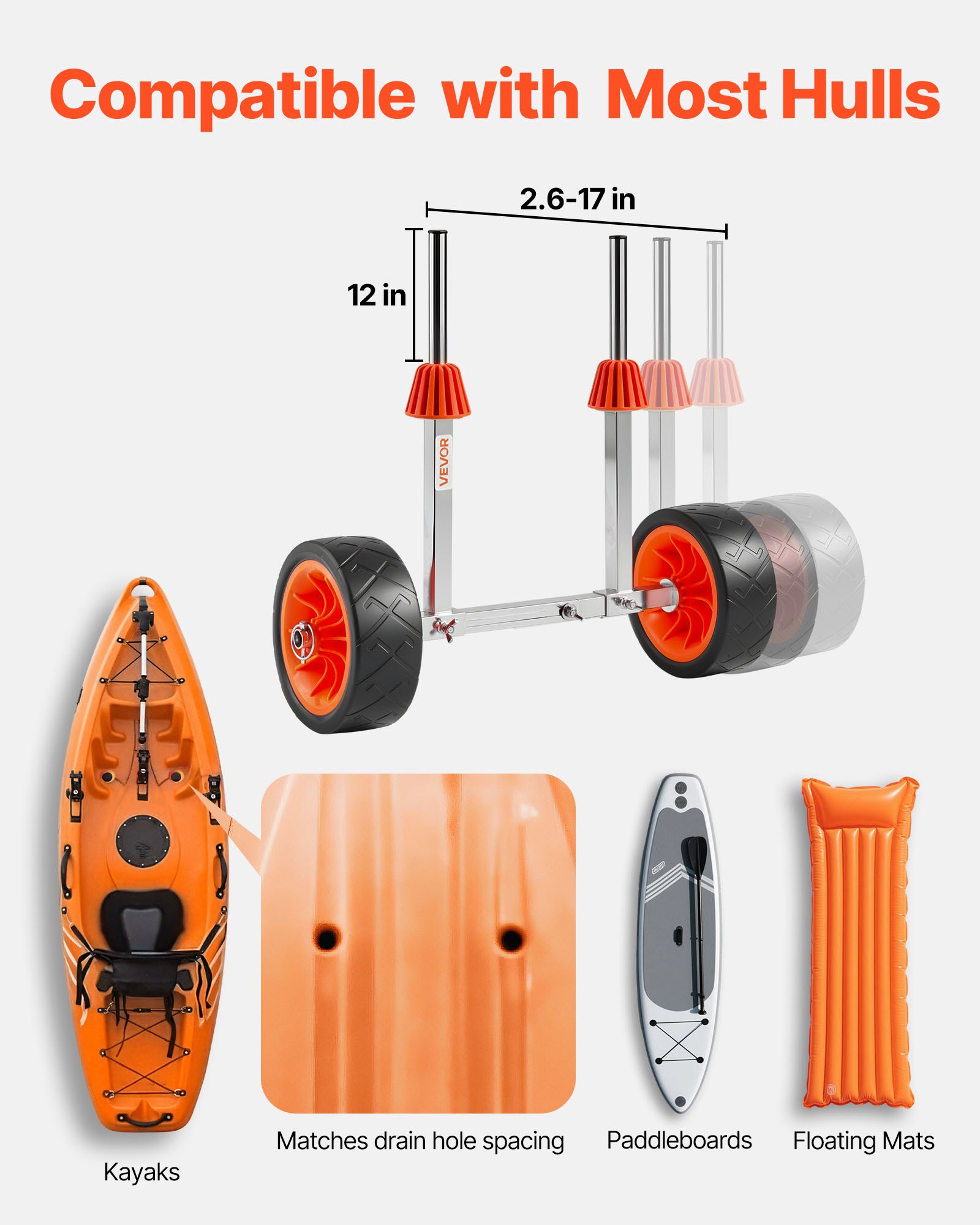 Kayak Cart, 113.4 kg Load Capacity, Canoe Cart Dolly with 19.1 cm Solid Rubber Tires & Kickstand, Assembles & Disassembles Within Seconds, Paddle Board Trolley for Kayaks, Canoes, Paddleboards - Image 5