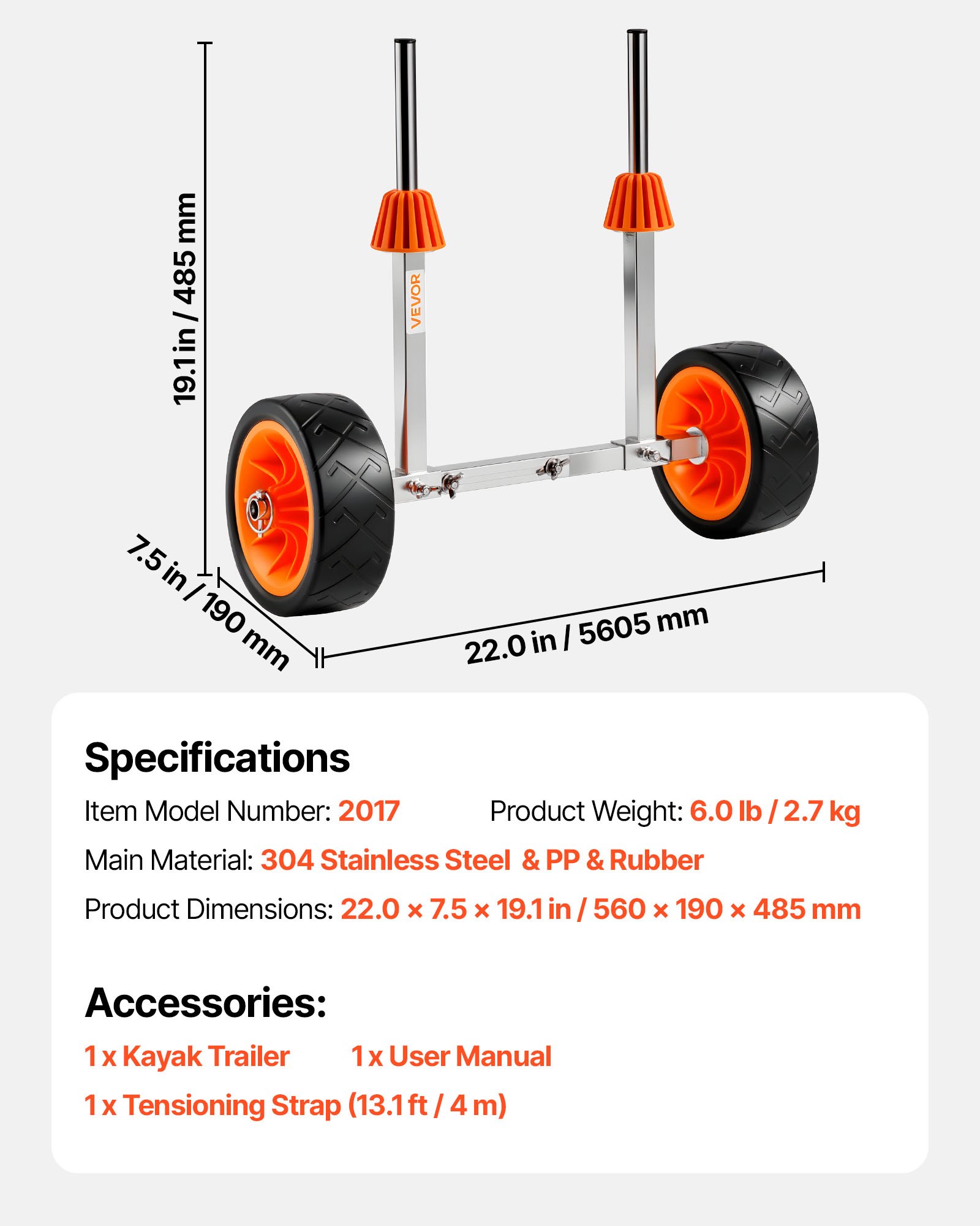 Kayak Cart, 113.4 kg Load Capacity, Canoe Cart Dolly with 19.1 cm Solid Rubber Tires & Kickstand, Assembles & Disassembles Within Seconds, Paddle Board Trolley for Kayaks, Canoes, Paddleboards - Image 7