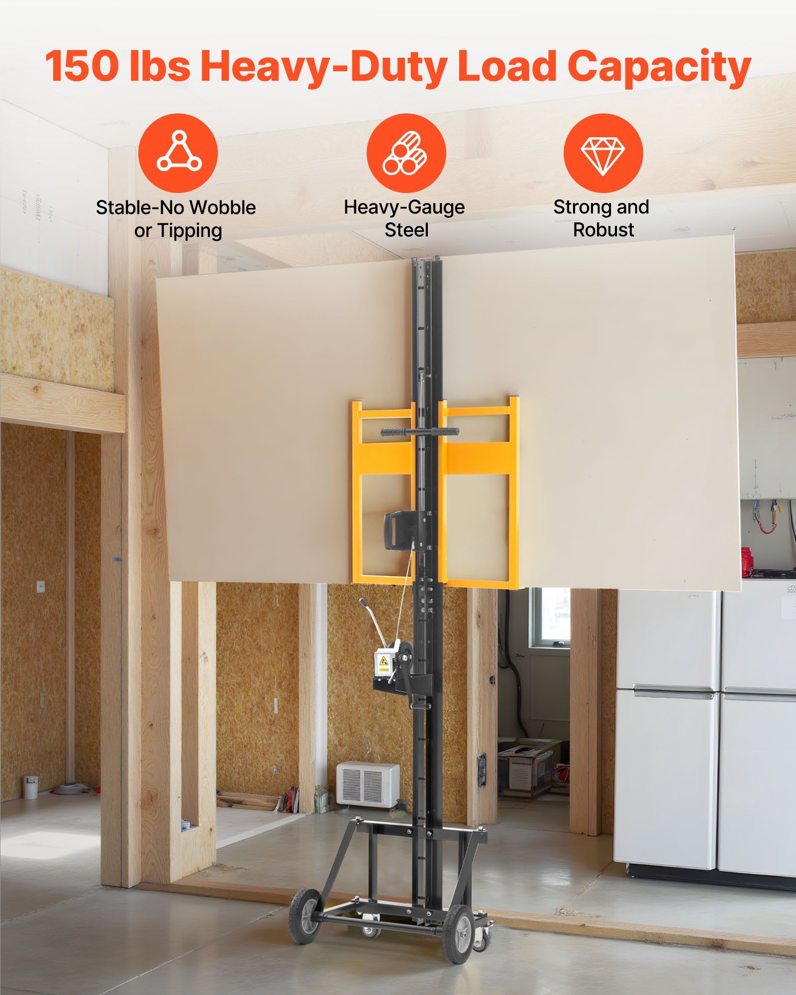 Drywall Lift, Heavy-Duty 68 kg Sheetrock Hoist for Wall Installation, One Person Drywall Installation, 1219x4878 mm Max. Panel Vertical Lifter with Wheels, Easy Transport (Yellow) - Image 2