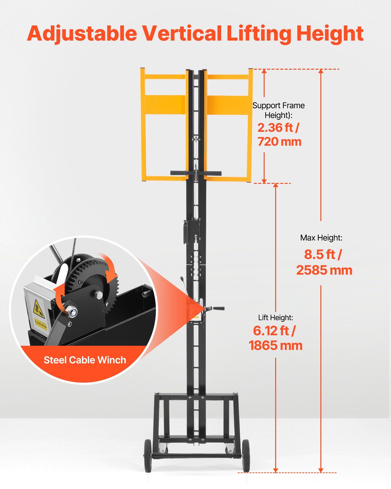 Drywall Lift, Heavy-Duty 68 kg Sheetrock Hoist for Wall Installation, One Person Drywall Installation, 1219x4878 mm Max. Panel Vertical Lifter with Wheels, Easy Transport (Yellow) - Image 3