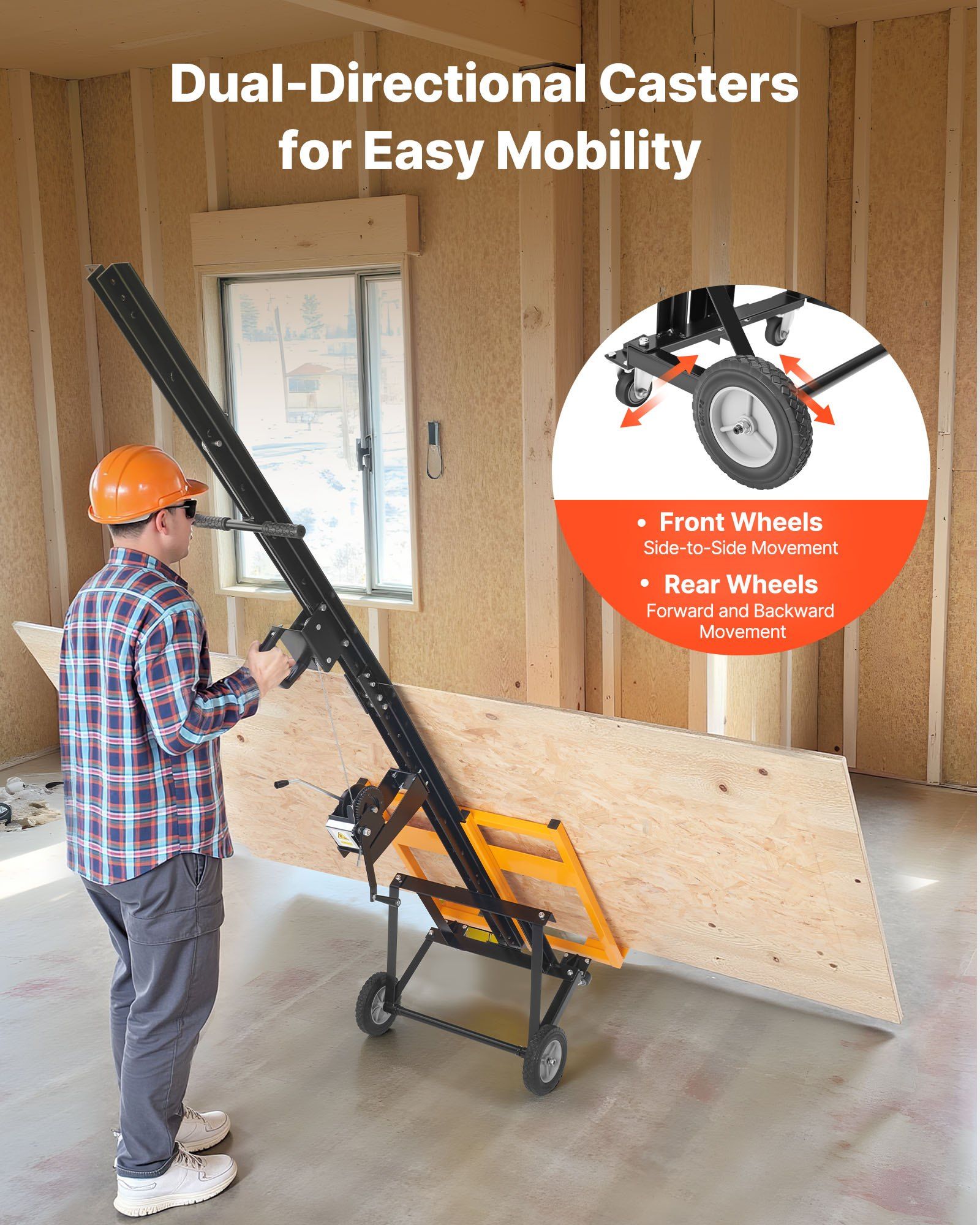 Drywall Lift, Heavy-Duty 68 kg Sheetrock Hoist for Wall Installation, One Person Drywall Installation, 1219x4878 mm Max. Panel Vertical Lifter with Wheels, Easy Transport (Yellow) - Image 4