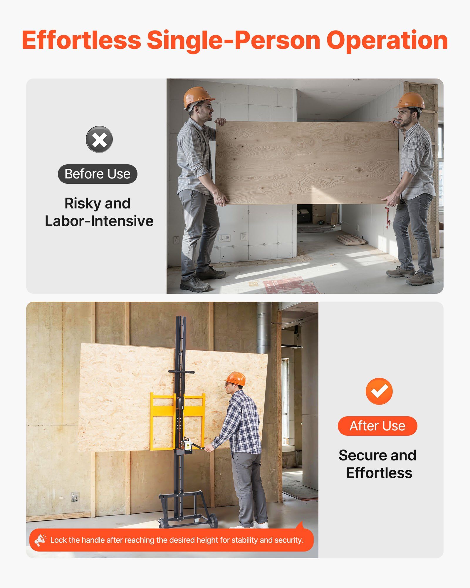 Drywall Lift, Heavy-Duty 68 kg Sheetrock Hoist for Wall Installation, One Person Drywall Installation, 1219x4878 mm Max. Panel Vertical Lifter with Wheels, Easy Transport (Yellow) - Image 6