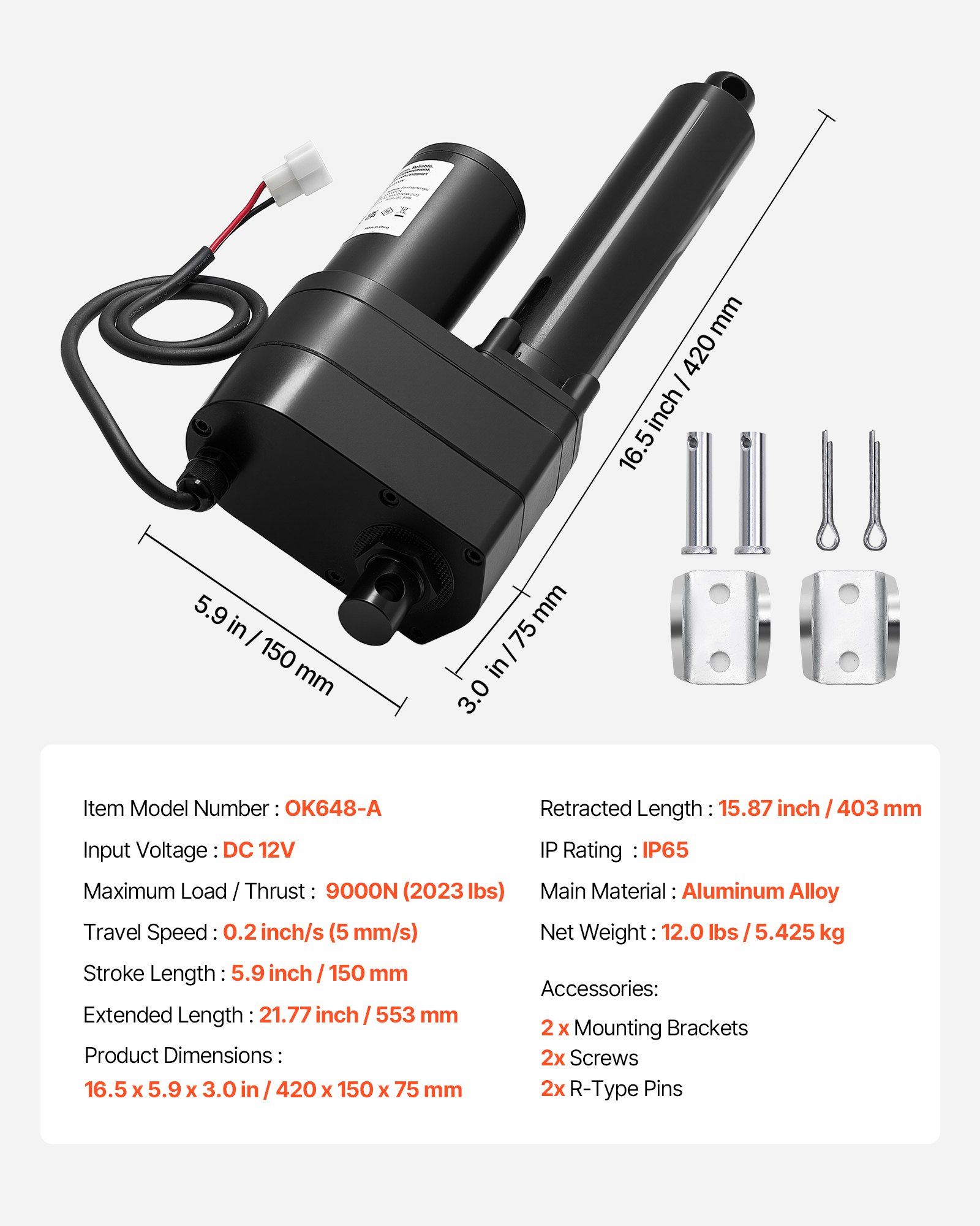 12V Linear Actuator, 150mm Stroke Ultra Heavy-Duty 9000N Linear Motion Actuator, IP65-Rated 5mm/s with Mounting Brackets for Industrial Machinery Vessels, Heavy Lifting Systems - Image 7