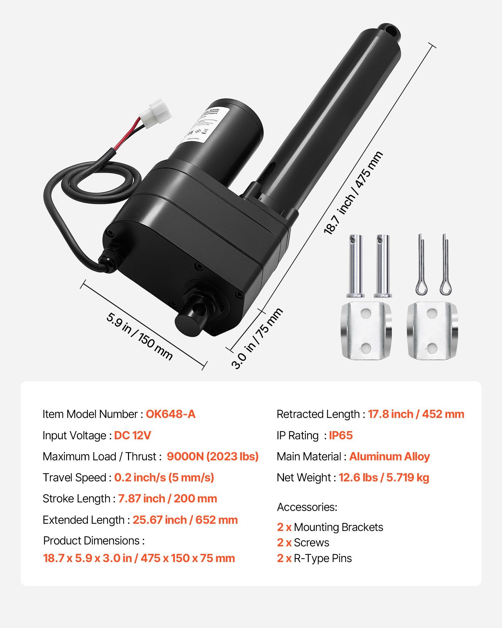 12V Linear Actuator, 200mm Stroke Ultra Heavy-Duty 9000N Linear Motion Actuator, IP65-Rated 5mm/s with Mounting Brackets for Industrial Machinery Vessels, Heavy Lifting Systems - Image 7