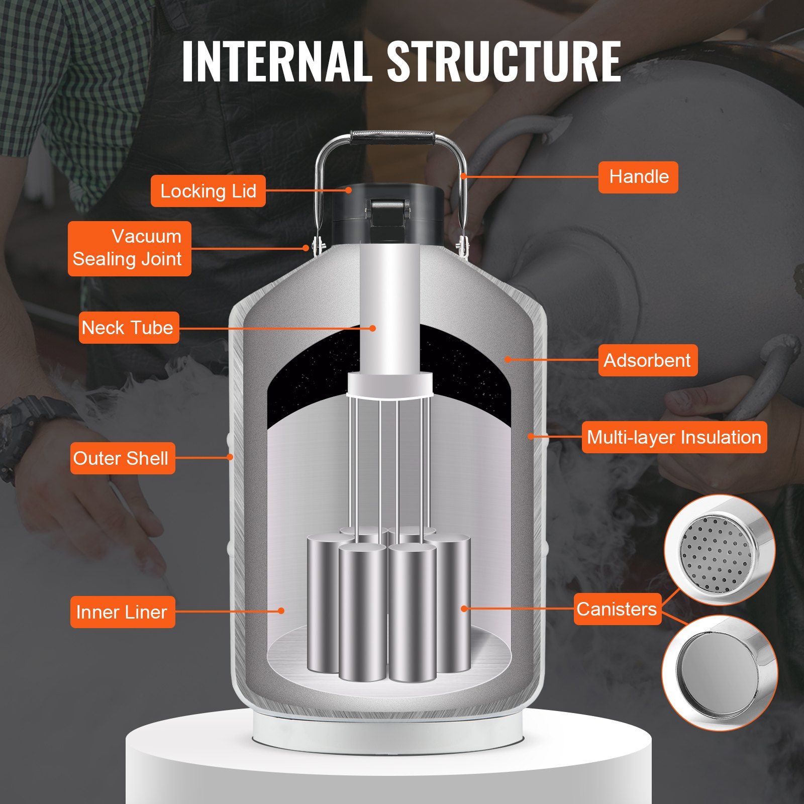 Liquid Nitrogen Tank, 10 L Aluminum Alloy Liquid Nitrogen Container, LN2 Tank Dewar with 6 Canisters and Carry Bag with Straps, Cryogenic Tank for Beauty Industry, Semen Preservation, Scientific - Image 4