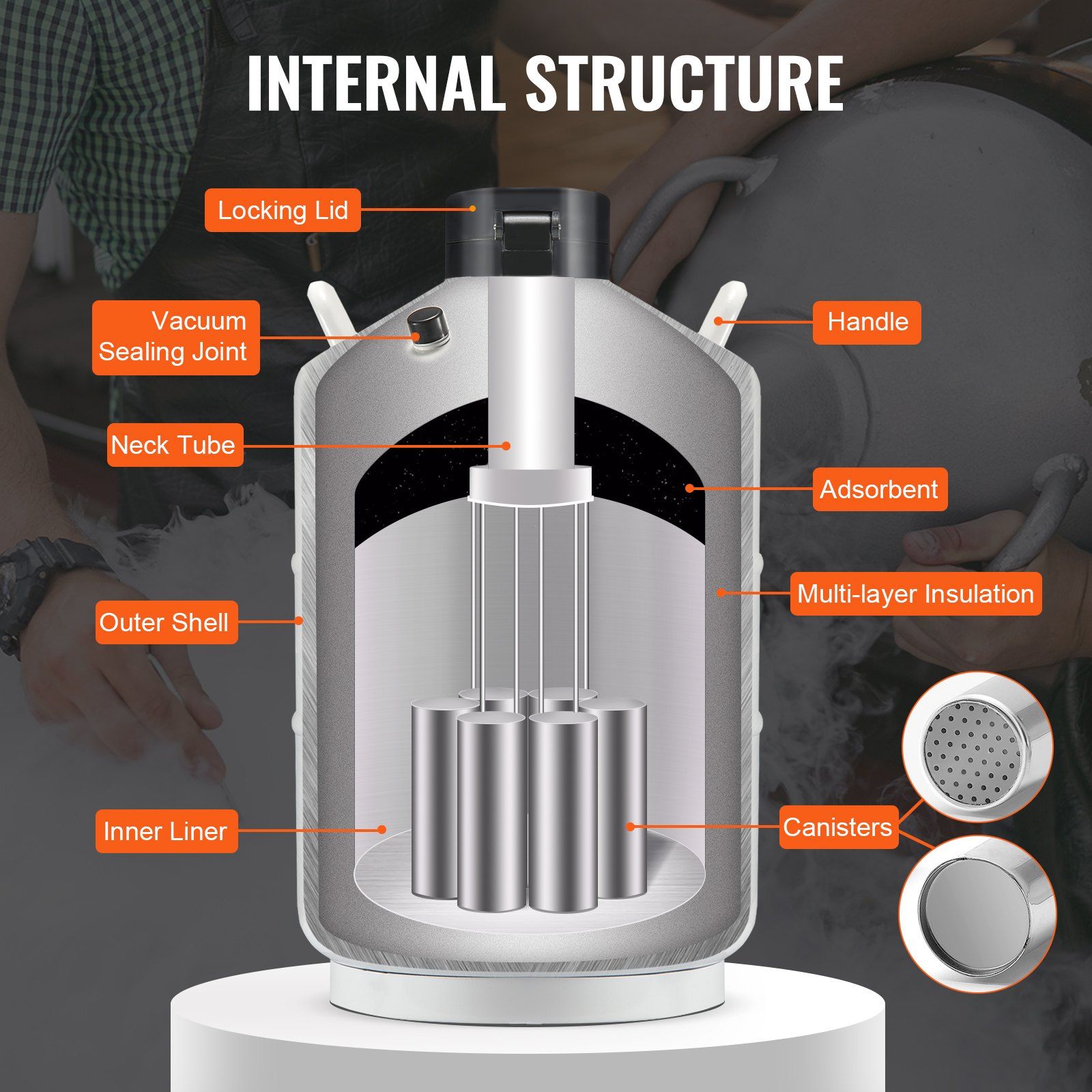 Liquid Nitrogen Tank, 20 L Aluminum Alloy Liquid Nitrogen Container, LN2 Tank Dewar with 6 Canisters and Carry Bag with Straps, Cryogenic Tank for Beauty Industry, Semen Preservation, Scientific - Image 4