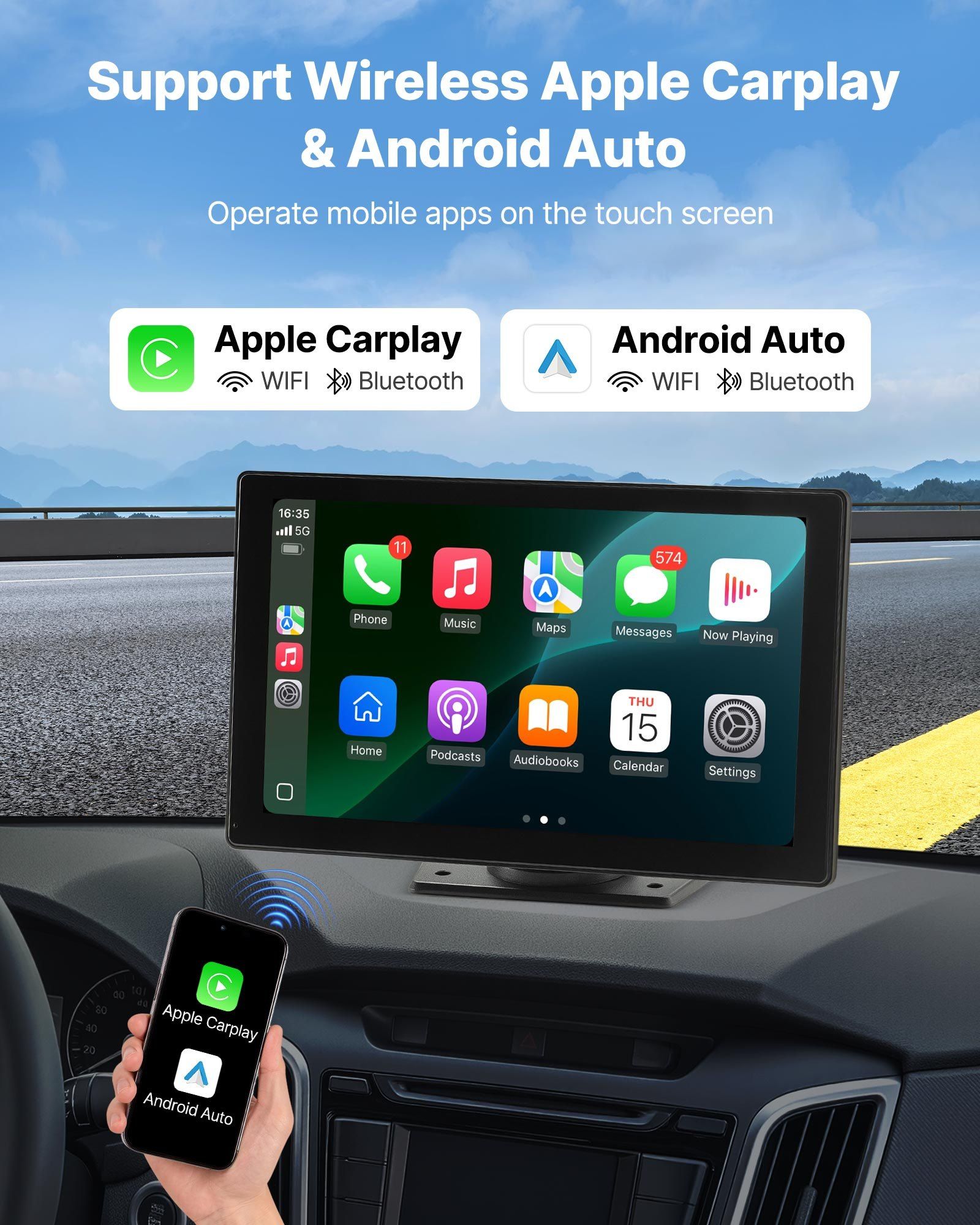 Wireless Car Stereo, 228.6mm HD Portable Radio Touch Screen with Apple CarPlay and Android Auto, CarPlay Screen with Front & Backup Cameras, Voice Control, Mirror Link, Bluetooth, GPS Navigation - Image 2
