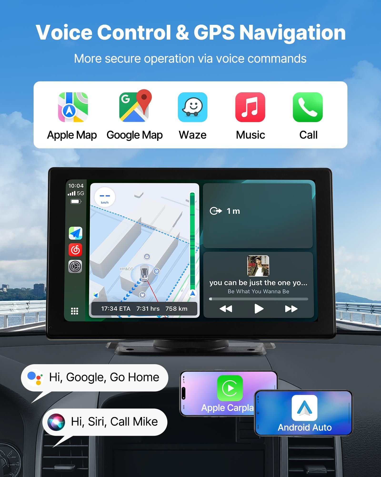 Wireless Car Stereo, 228.6mm HD Portable Radio Touch Screen with Apple CarPlay and Android Auto, CarPlay Screen with Front & Backup Cameras, Voice Control, Mirror Link, Bluetooth, GPS Navigation - Image 3