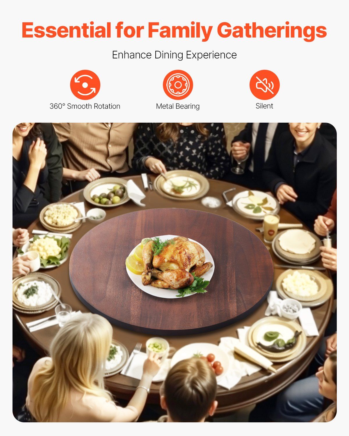 61 cm Wood Lazy Susan Turntable, 360° Rotation Round Clear Tabletop Rotating Tray, Acacia Wood Dining Table Centerpiece, Smooth and Silent Spin, for Family Gatherings, Banquets and Weddings - Image 2