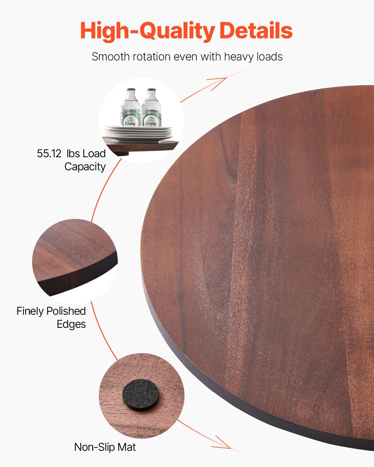 61 cm Wood Lazy Susan Turntable, 360° Rotation Round Clear Tabletop Rotating Tray, Acacia Wood Dining Table Centerpiece, Smooth and Silent Spin, for Family Gatherings, Banquets and Weddings - Image 3