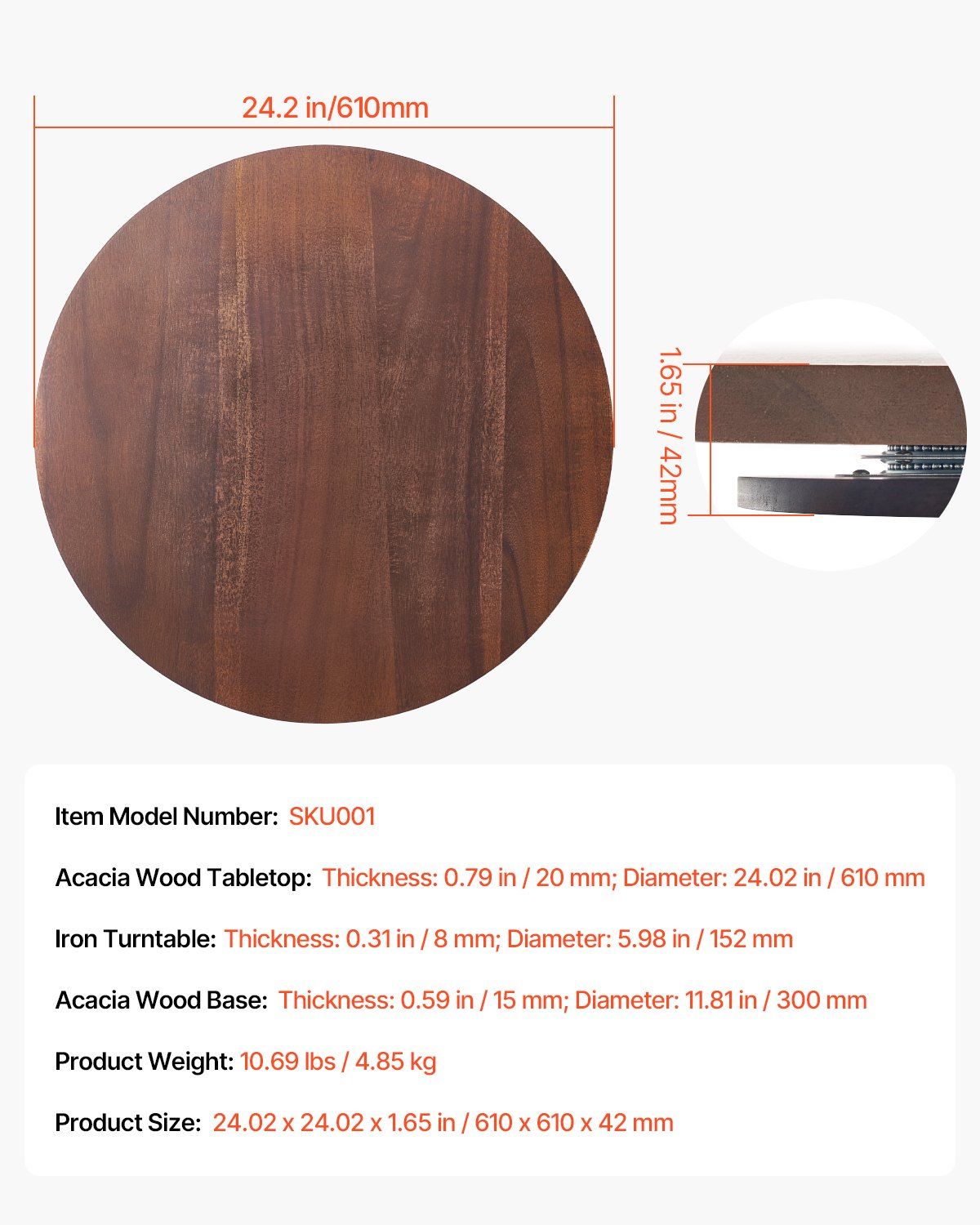 61 cm Wood Lazy Susan Turntable, 360° Rotation Round Clear Tabletop Rotating Tray, Acacia Wood Dining Table Centerpiece, Smooth and Silent Spin, for Family Gatherings, Banquets and Weddings - Image 7