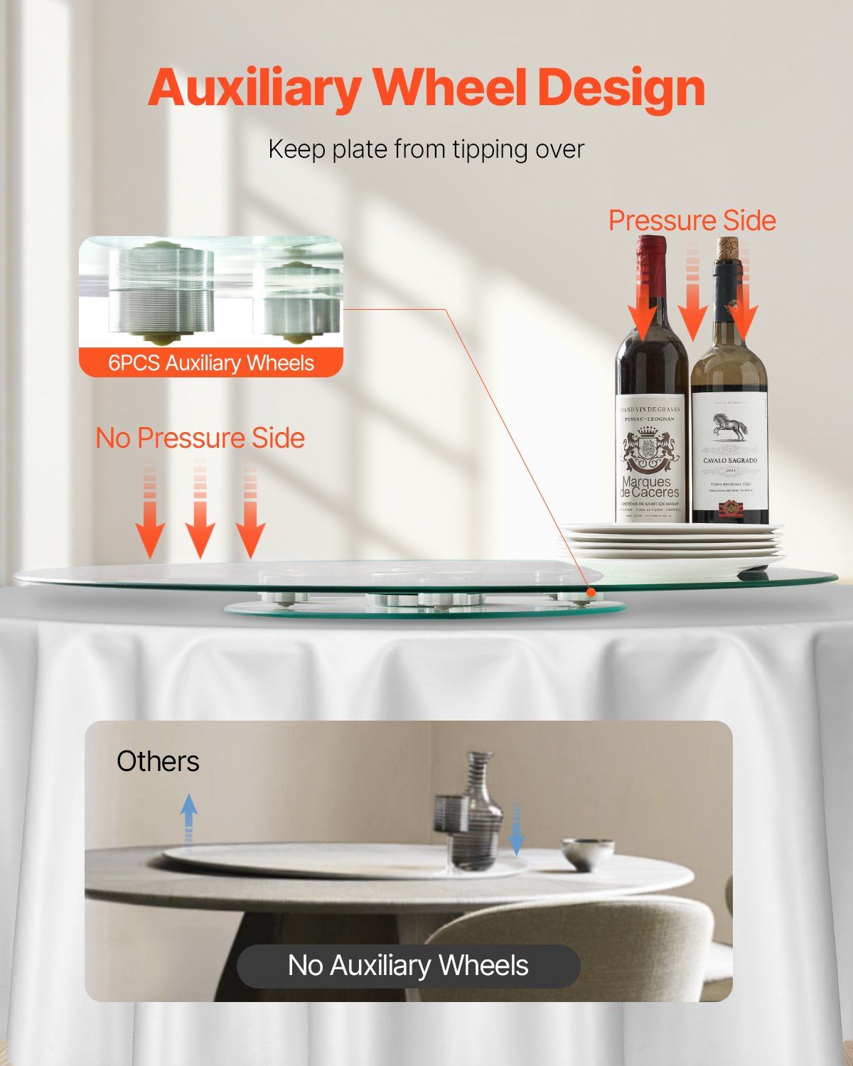 76.8 cm Glass Lazy Susan Turntable, Tempered Glass Dining Table Centerpiece with 6 Rotating Wheels, 360° Smooth & Silent Spin Tabletop Rotating Tray, for Family Gatherings, Banquets & Weddings - Image 5