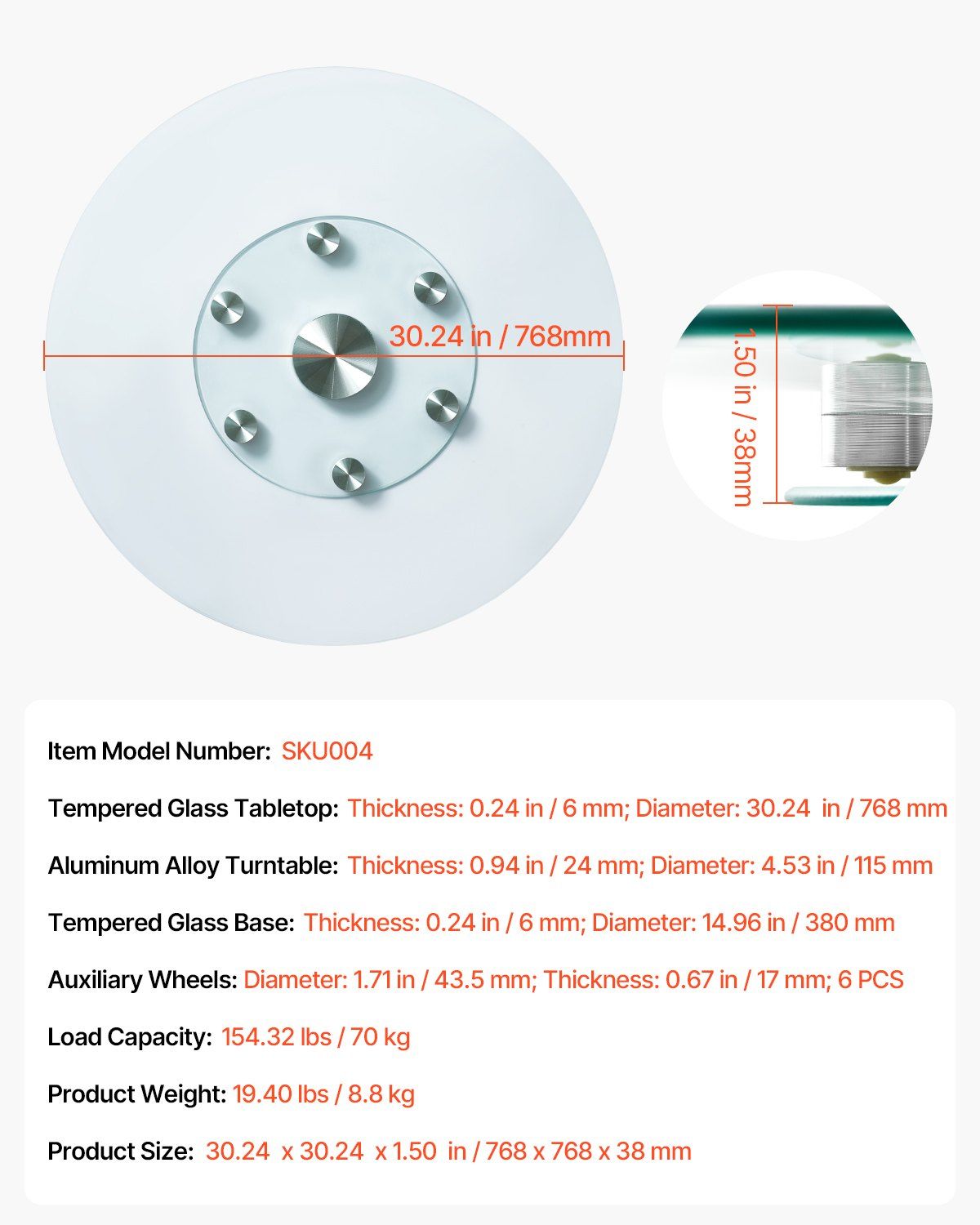 76.8 cm Glass Lazy Susan Turntable, Tempered Glass Dining Table Centerpiece with 6 Rotating Wheels, 360° Smooth & Silent Spin Tabletop Rotating Tray, for Family Gatherings, Banquets & Weddings - Image 7