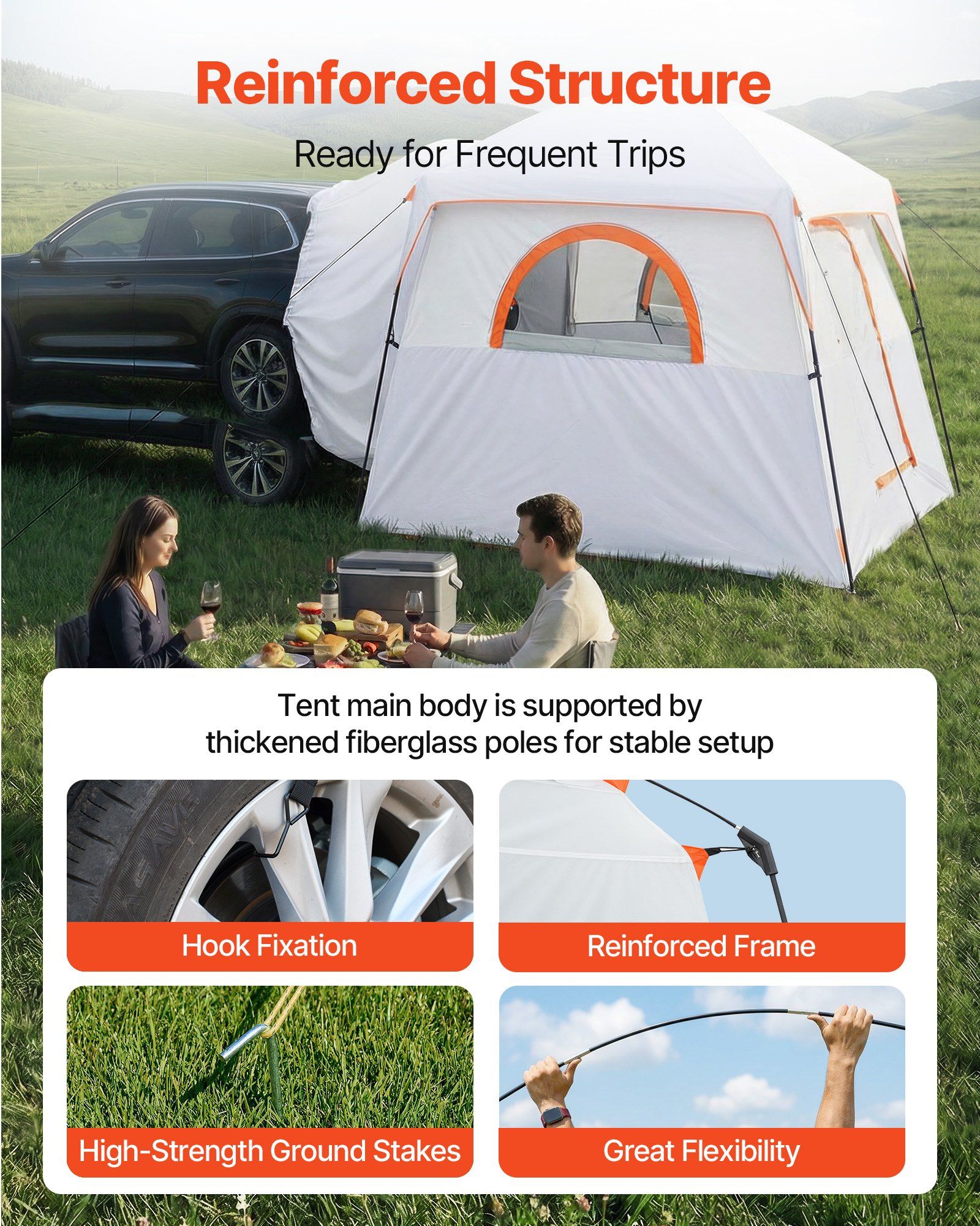 Large SUV Tent for 6 Person, 3.05 x 2.74m 3-Season SUV Tailgate Tent with Ventilated Doors & Mesh Windows, PU2000mm Waterproof Dual-Use Car Rear Hatch Tents for Outdoor Camping Hiking - Image 3