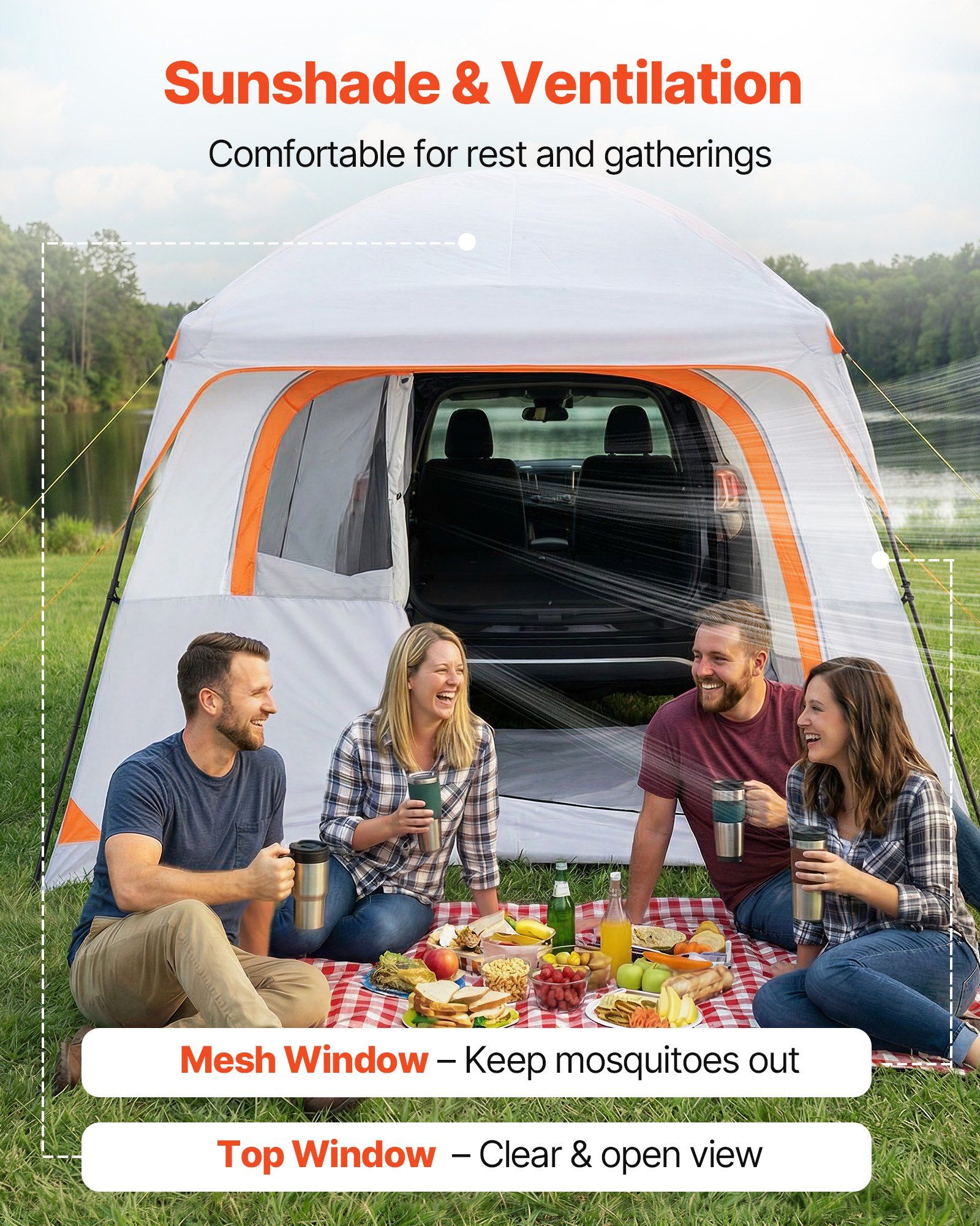 Large SUV Tent for 6 Person, 3.05 x 2.74m 3-Season SUV Tailgate Tent with Ventilated Doors & Mesh Windows, PU2000mm Waterproof Dual-Use Car Rear Hatch Tents for Outdoor Camping Hiking - Image 4