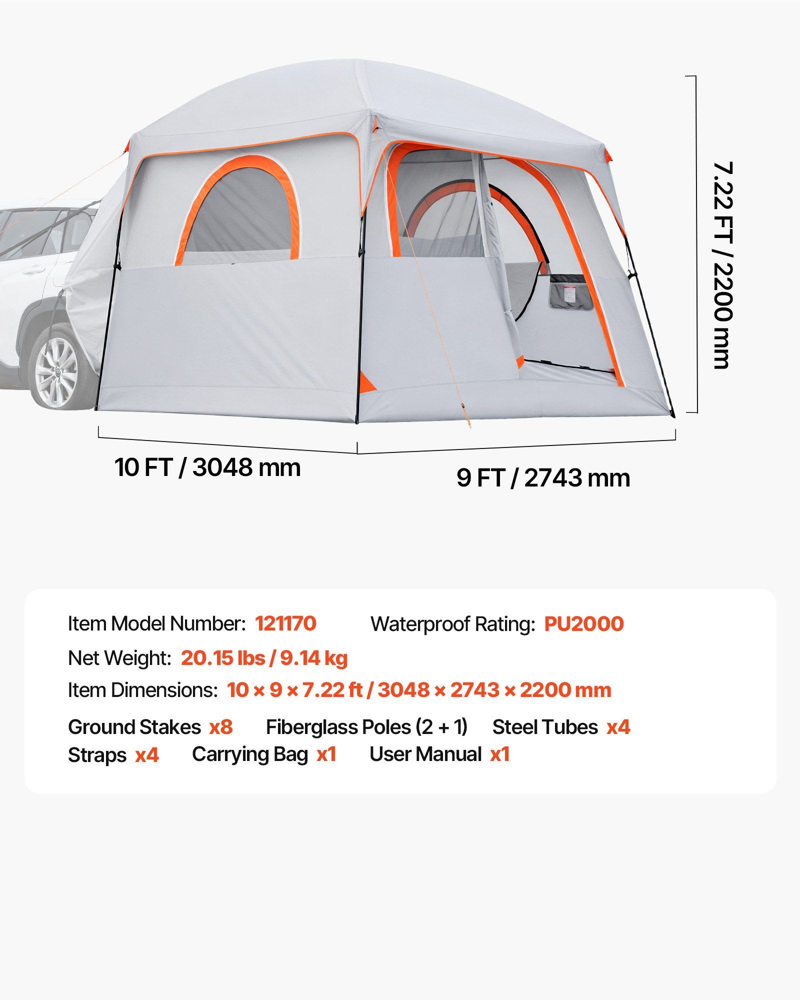 Large SUV Tent for 6 Person, 3.05 x 2.74m 3-Season SUV Tailgate Tent with Ventilated Doors & Mesh Windows, PU2000mm Waterproof Dual-Use Car Rear Hatch Tents for Outdoor Camping Hiking - Image 7